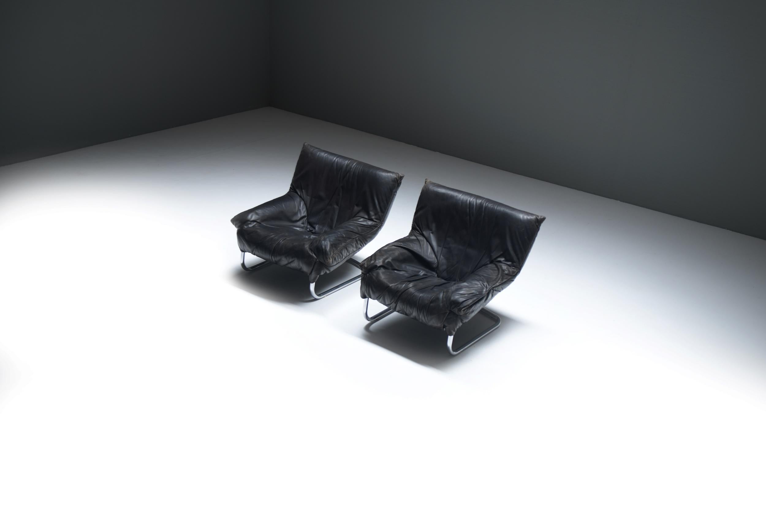 Très rares fauteuils luge en cuir noir de Gerard Van Den Berg - Montis Bon état - En vente à Buggenhout, Oost-Vlaanderen