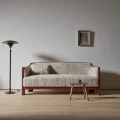 Very Rare Carved Otto Wretling Sofa with Shearling