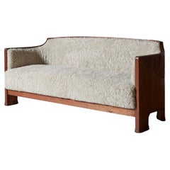 Very Rare Carved Otto Wretling Sofa with Shearling