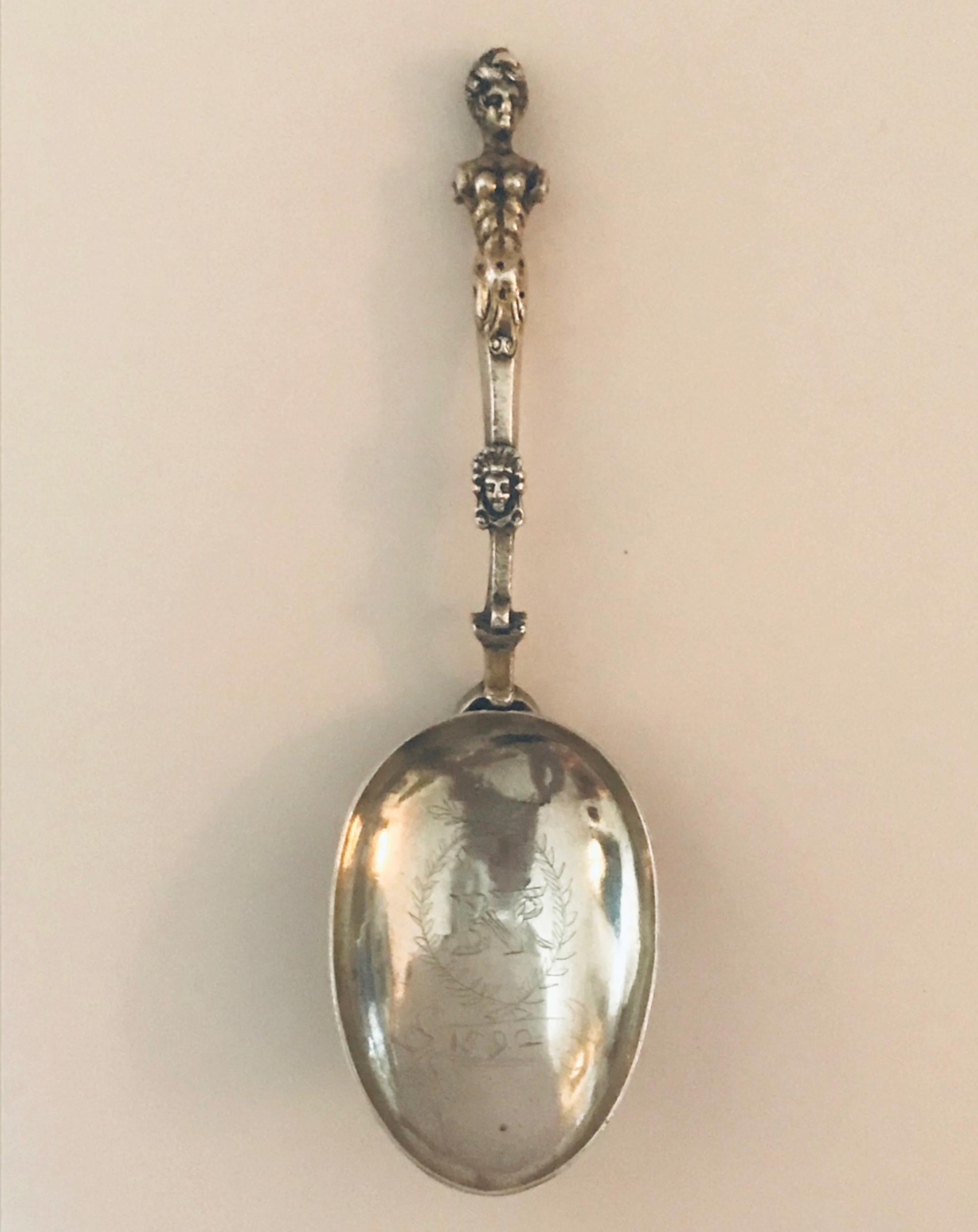English Very Rare Charles II Combined Retractable Silver Spoon with Two-Tine Fork, 1692