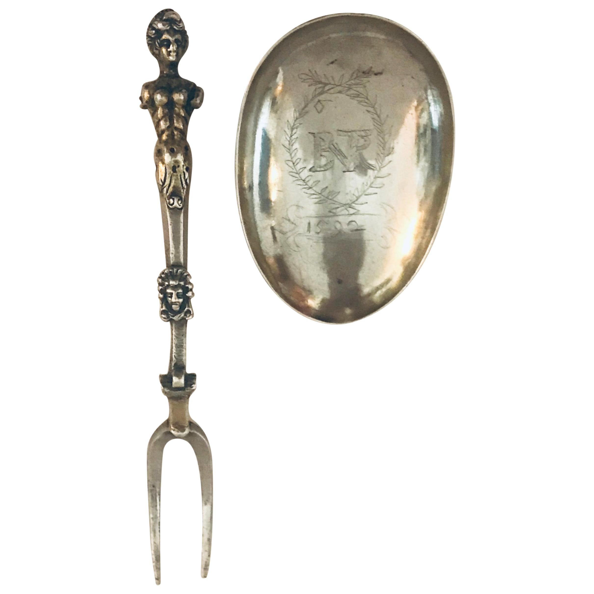 Very Rare Charles II Combined Retractable Silver Spoon with Two-Tine Fork, 1692