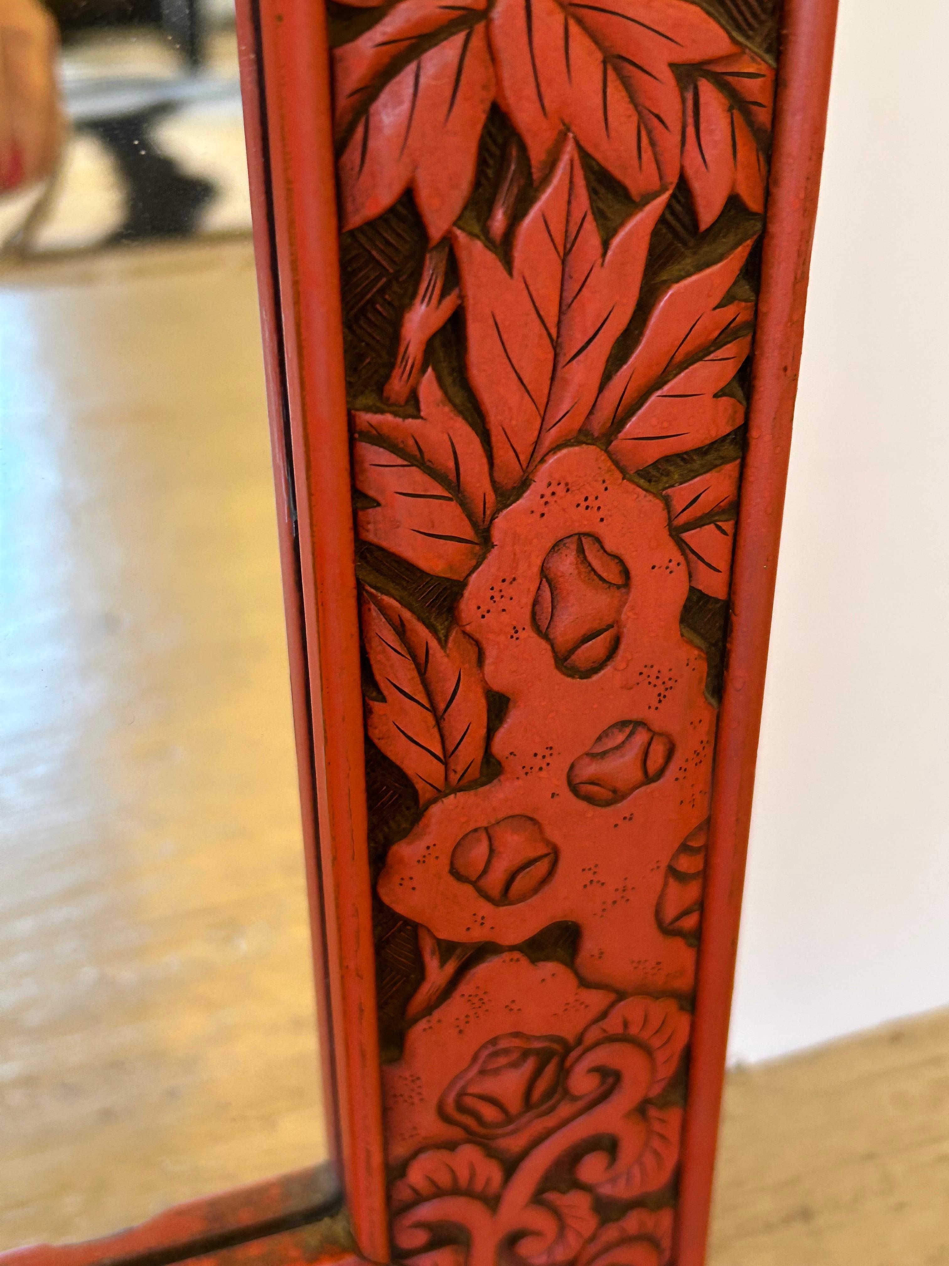 Exportation chinoise Très rare miroir chinois rectangulaire Cinnabar en bois sculpté avec oiseaux en vente