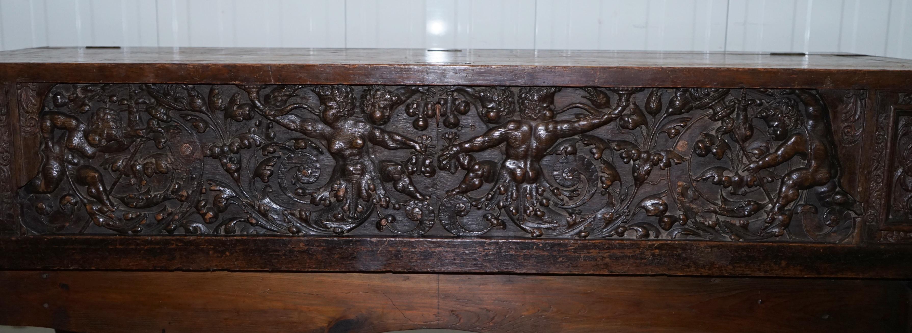 Very Rare circa 1720 Trunk Chest Coffer on Stand Sideboard Carved Cherub Figures For Sale 2