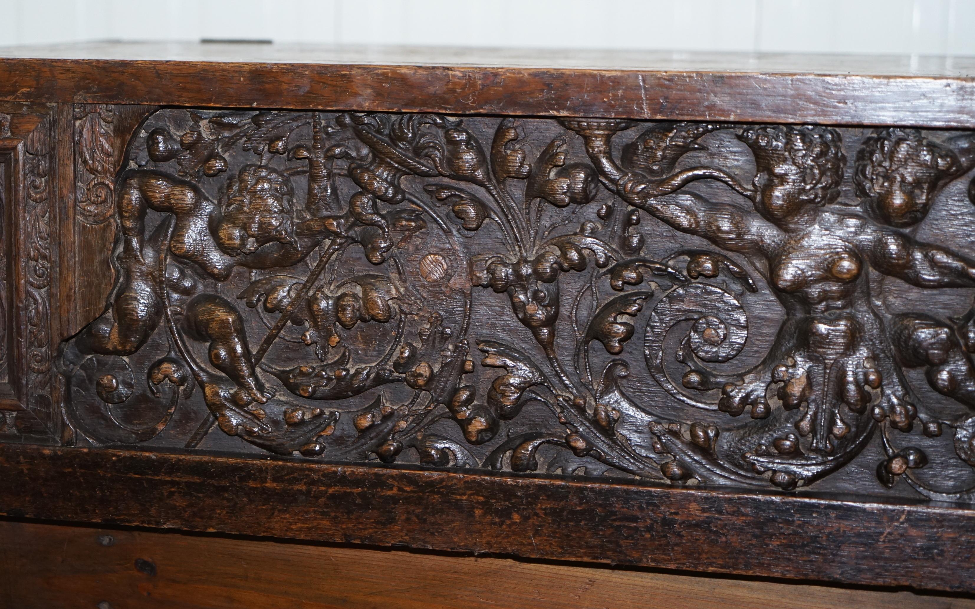 Very Rare circa 1720 Trunk Chest Coffer on Stand Sideboard Carved Cherub Figures For Sale 3