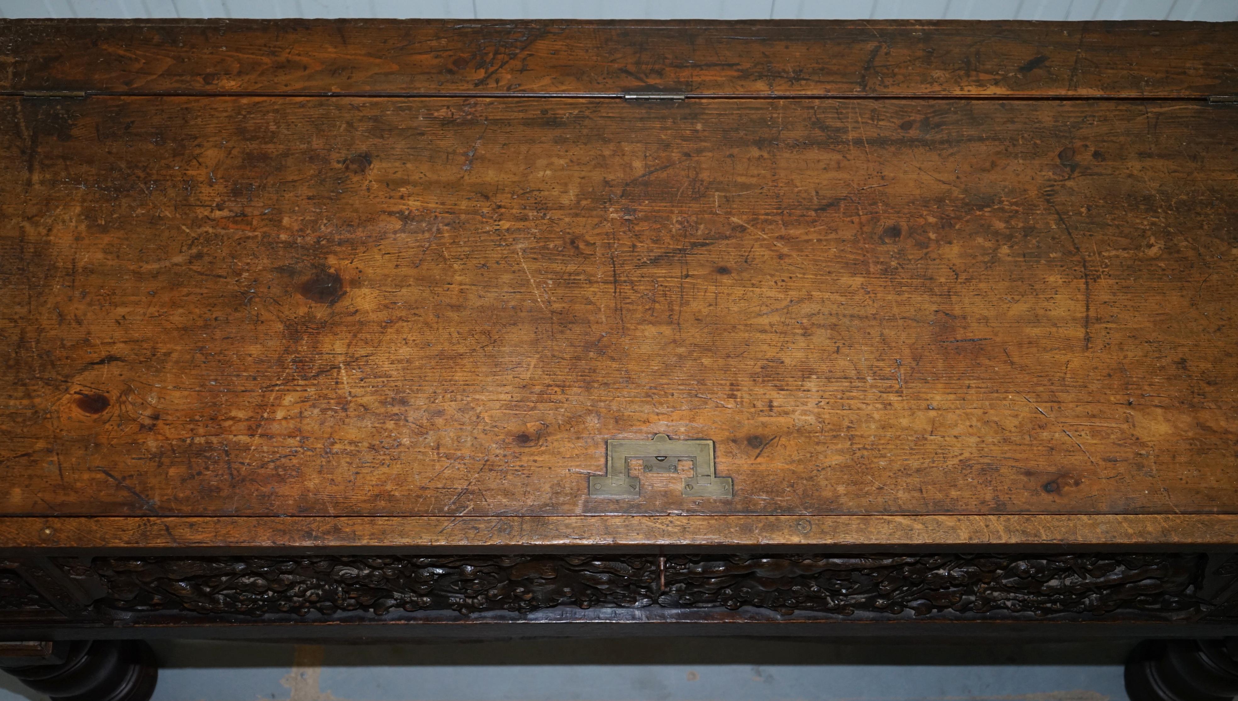 English Very Rare circa 1720 Trunk Chest Coffer on Stand Sideboard Carved Cherub Figures For Sale