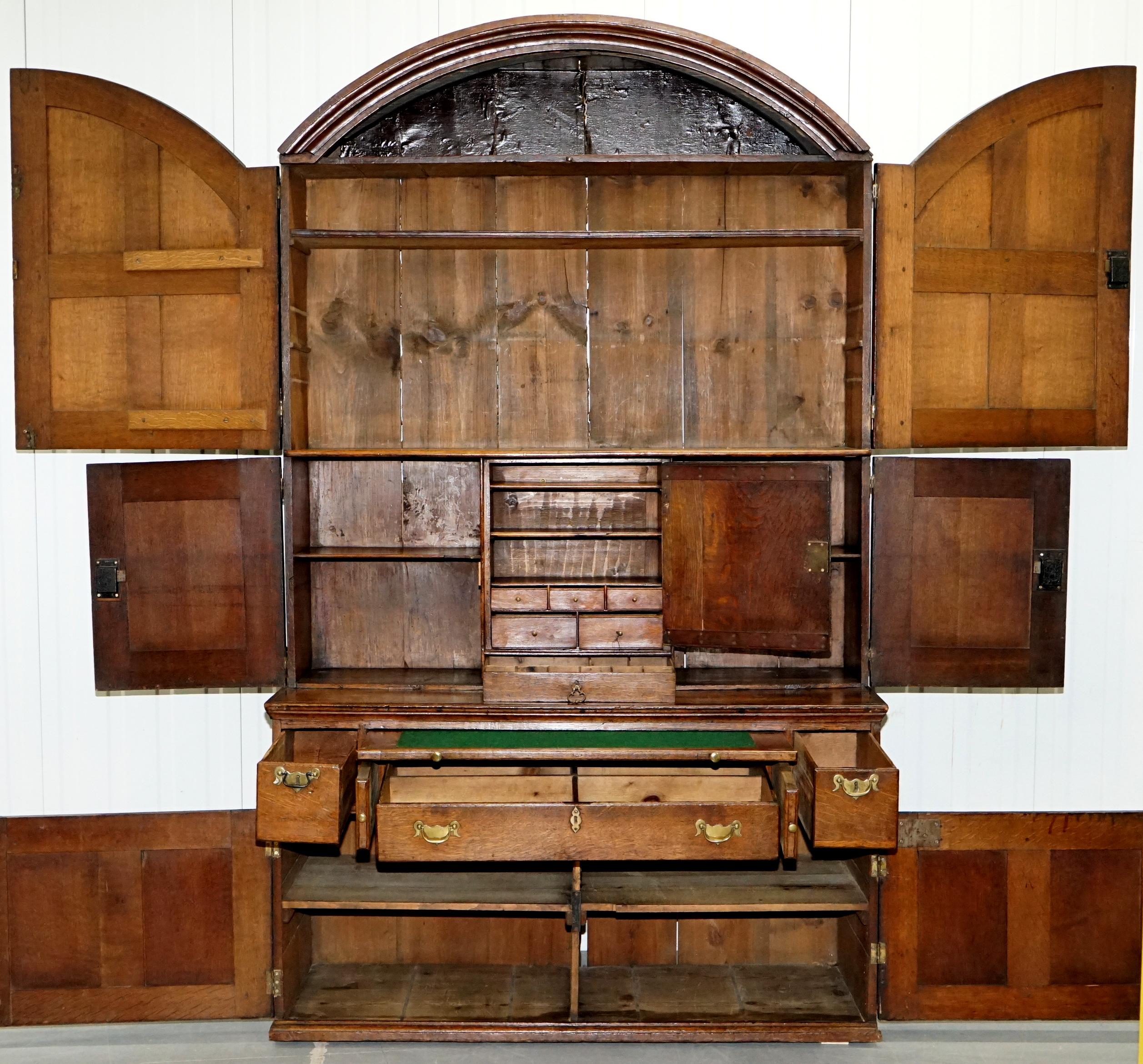 George II Very Rare circa 1740 Continental Arched Top Oak Dresser Cupboard Cabinet Drawers For Sale