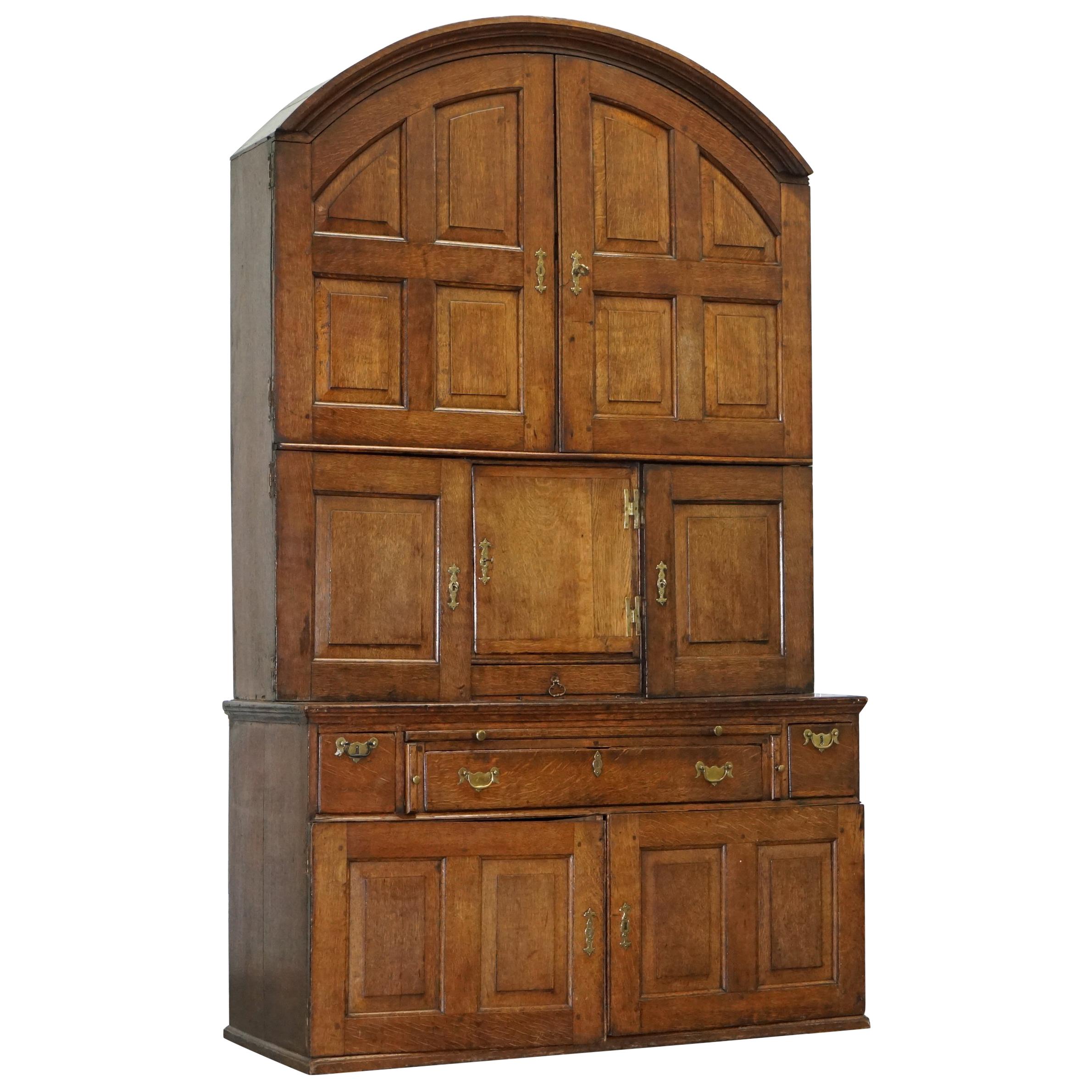 Very Rare circa 1740 Continental Arched Top Oak Dresser Cupboard Cabinet Drawers For Sale