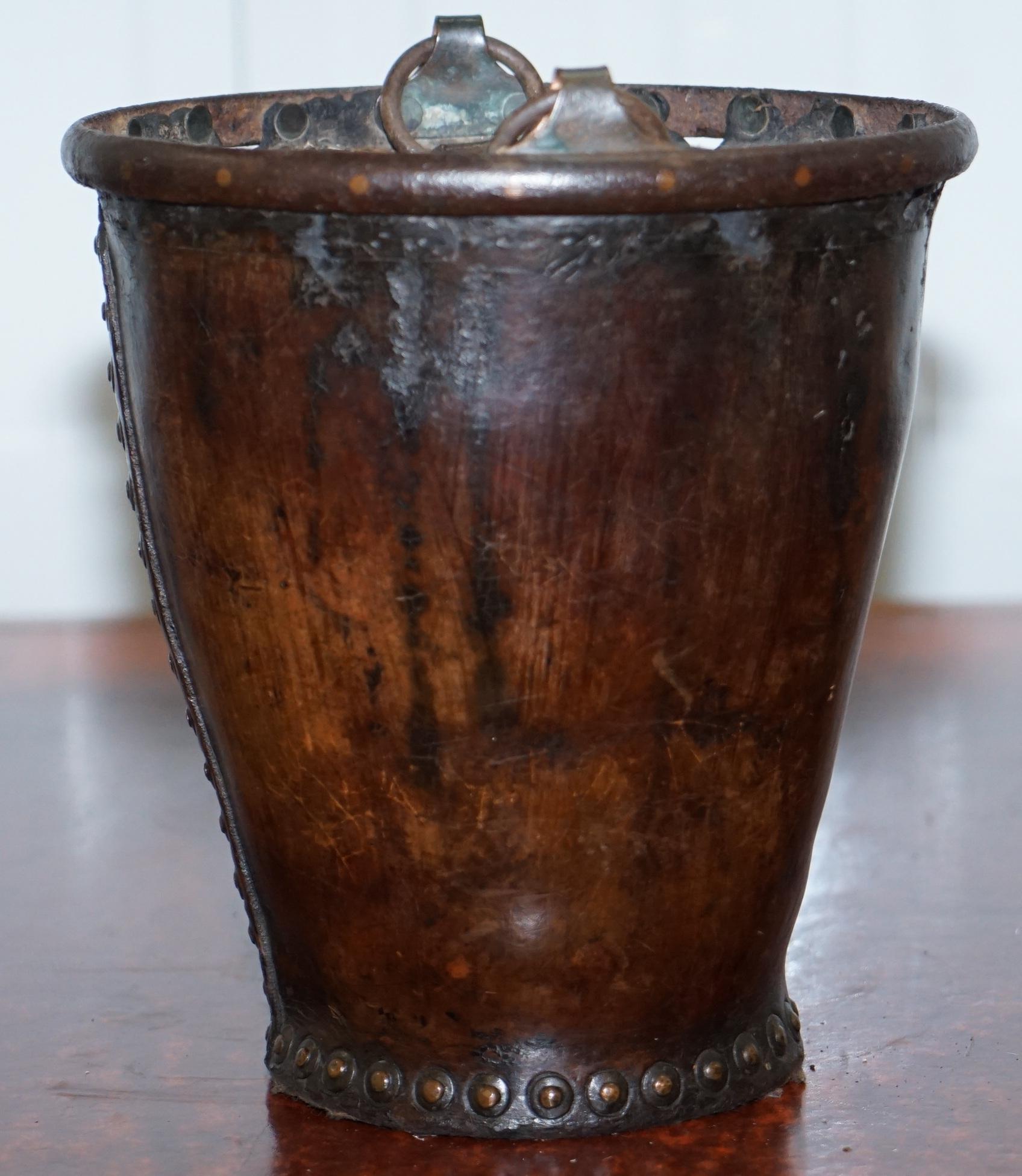 Very Rare circa 1740 Leather and Iron Bound Fire or Pete Bucket Original Handle 5