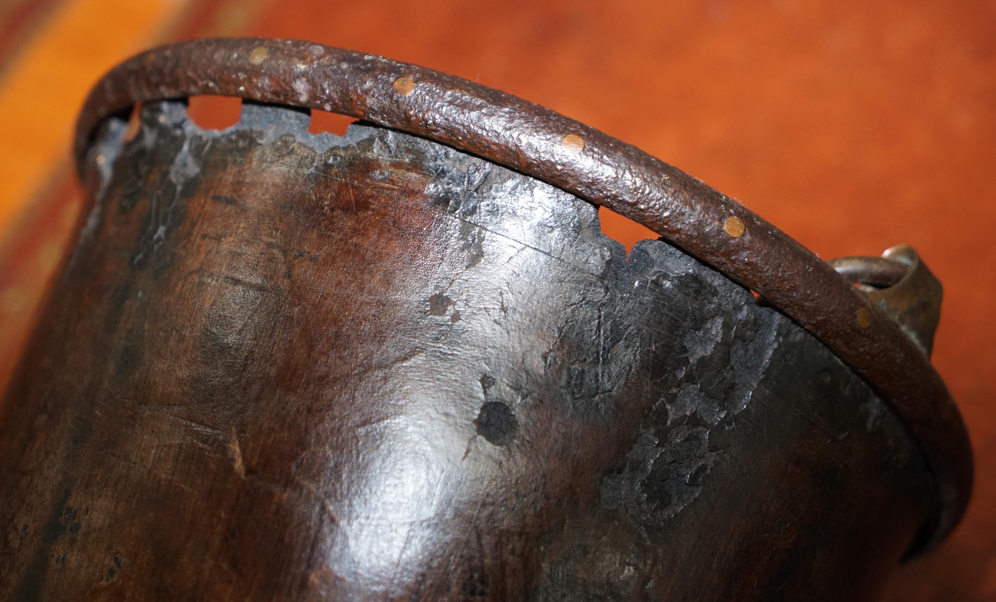 Very Rare circa 1740 Leather and Iron Bound Fire or Pete Bucket Original Handle 8