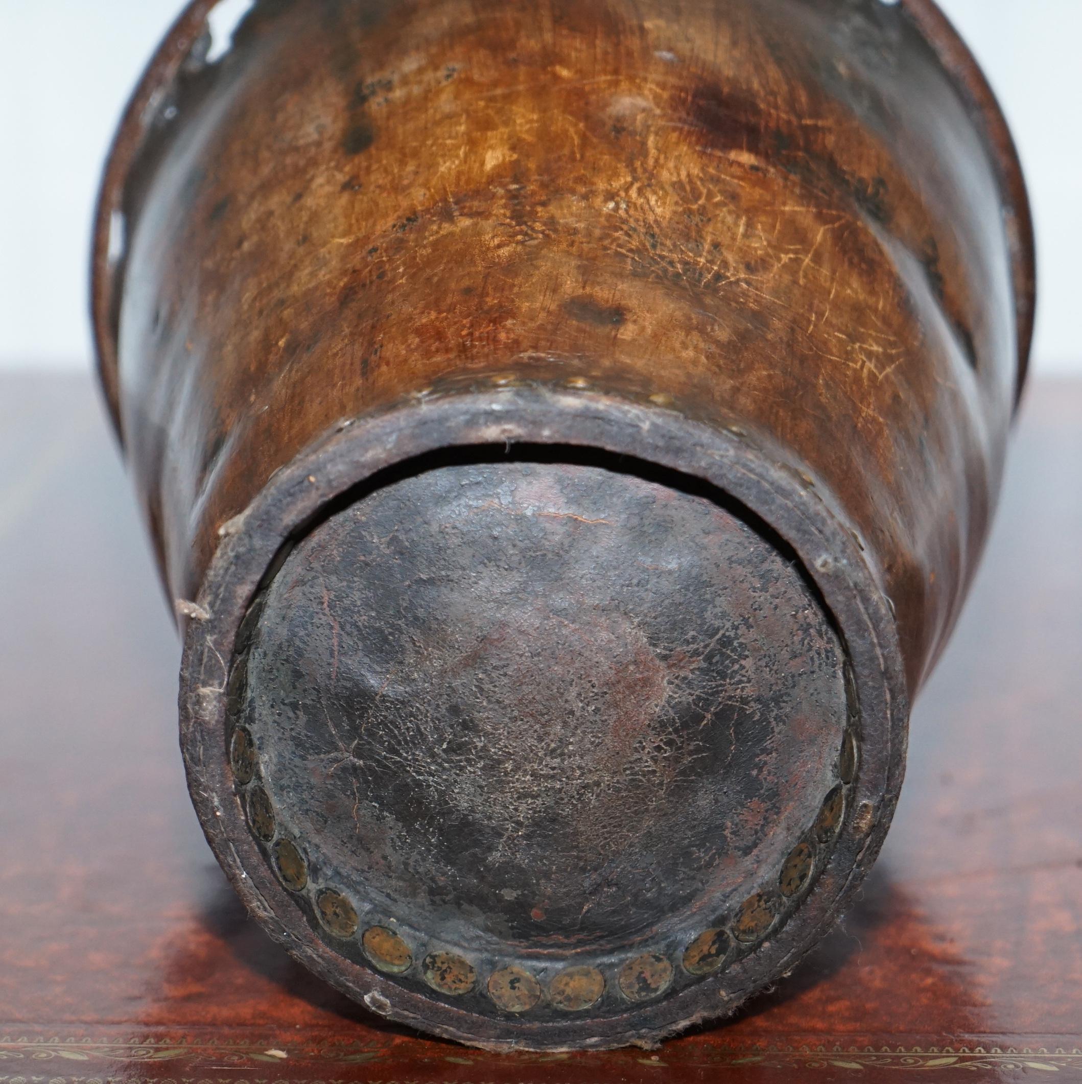 Very Rare circa 1740 Leather and Iron Bound Fire or Pete Bucket Original Handle 9