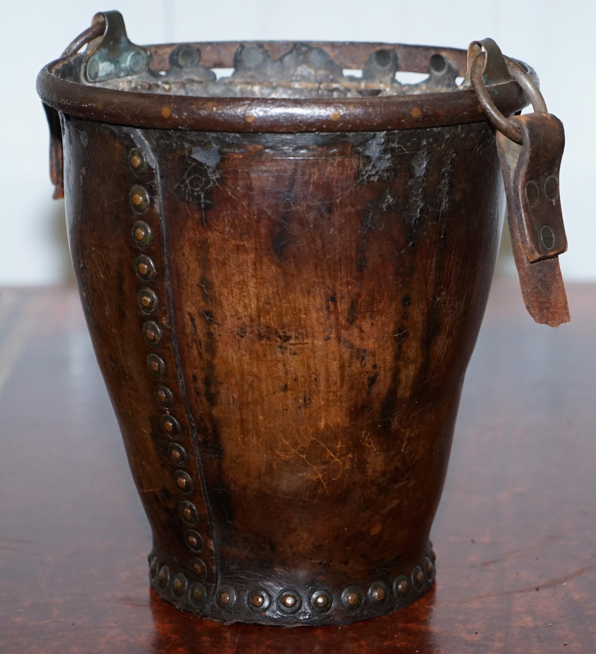 English Very Rare circa 1740 Leather and Iron Bound Fire or Pete Bucket Original Handle