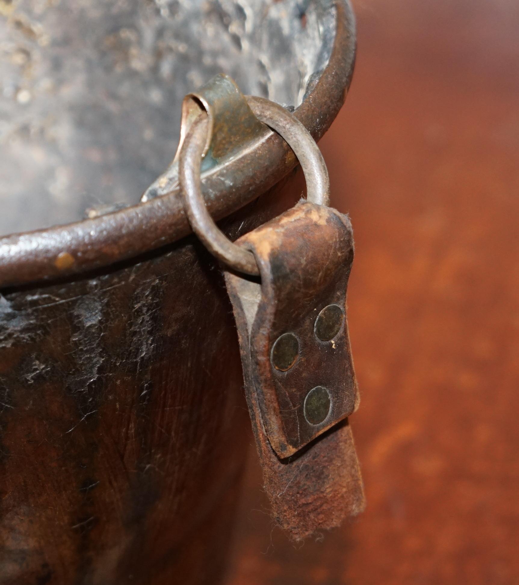 Hand-Crafted Very Rare circa 1740 Leather and Iron Bound Fire or Pete Bucket Original Handle