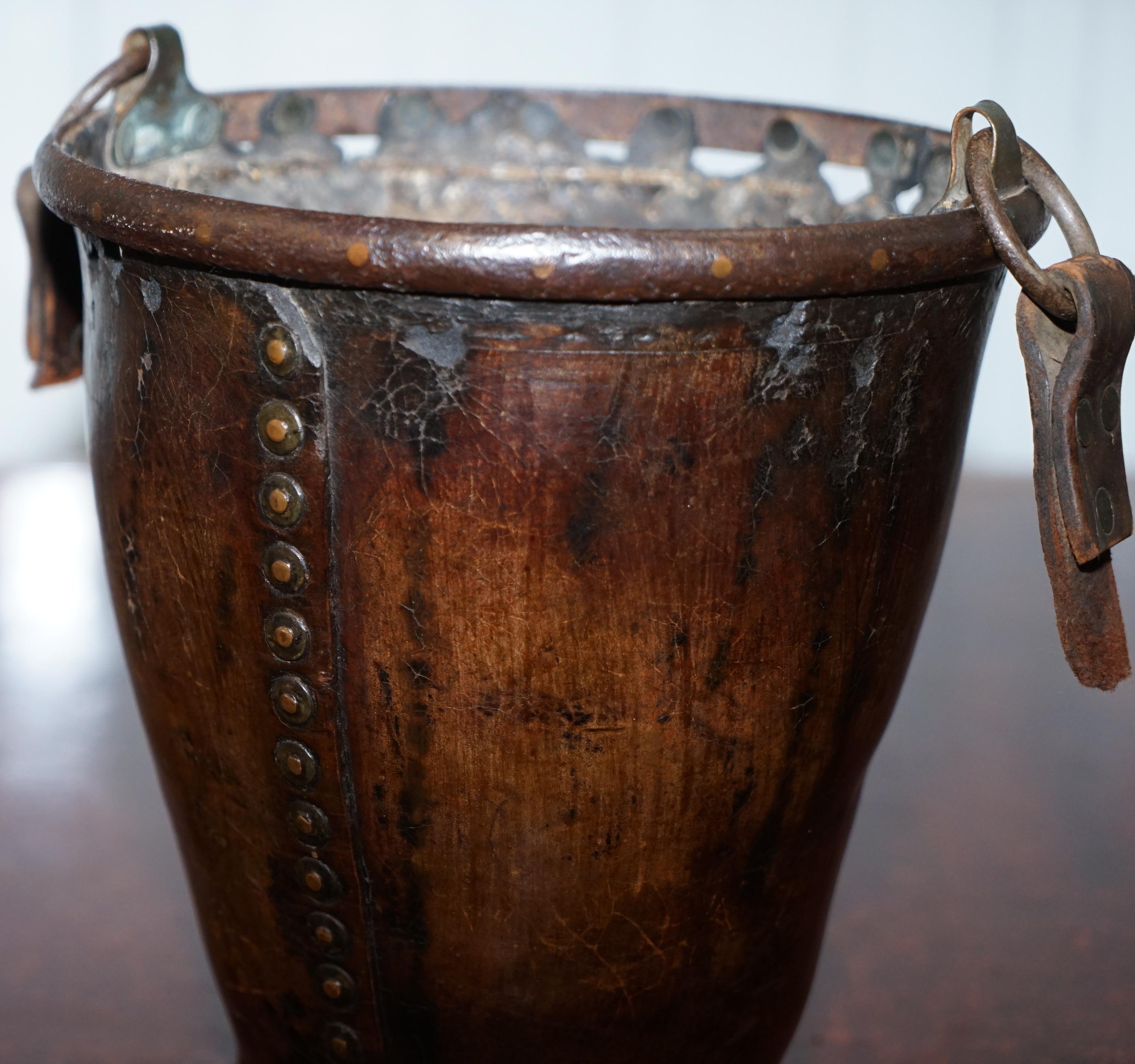 Mid-18th Century Very Rare circa 1740 Leather and Iron Bound Fire or Pete Bucket Original Handle
