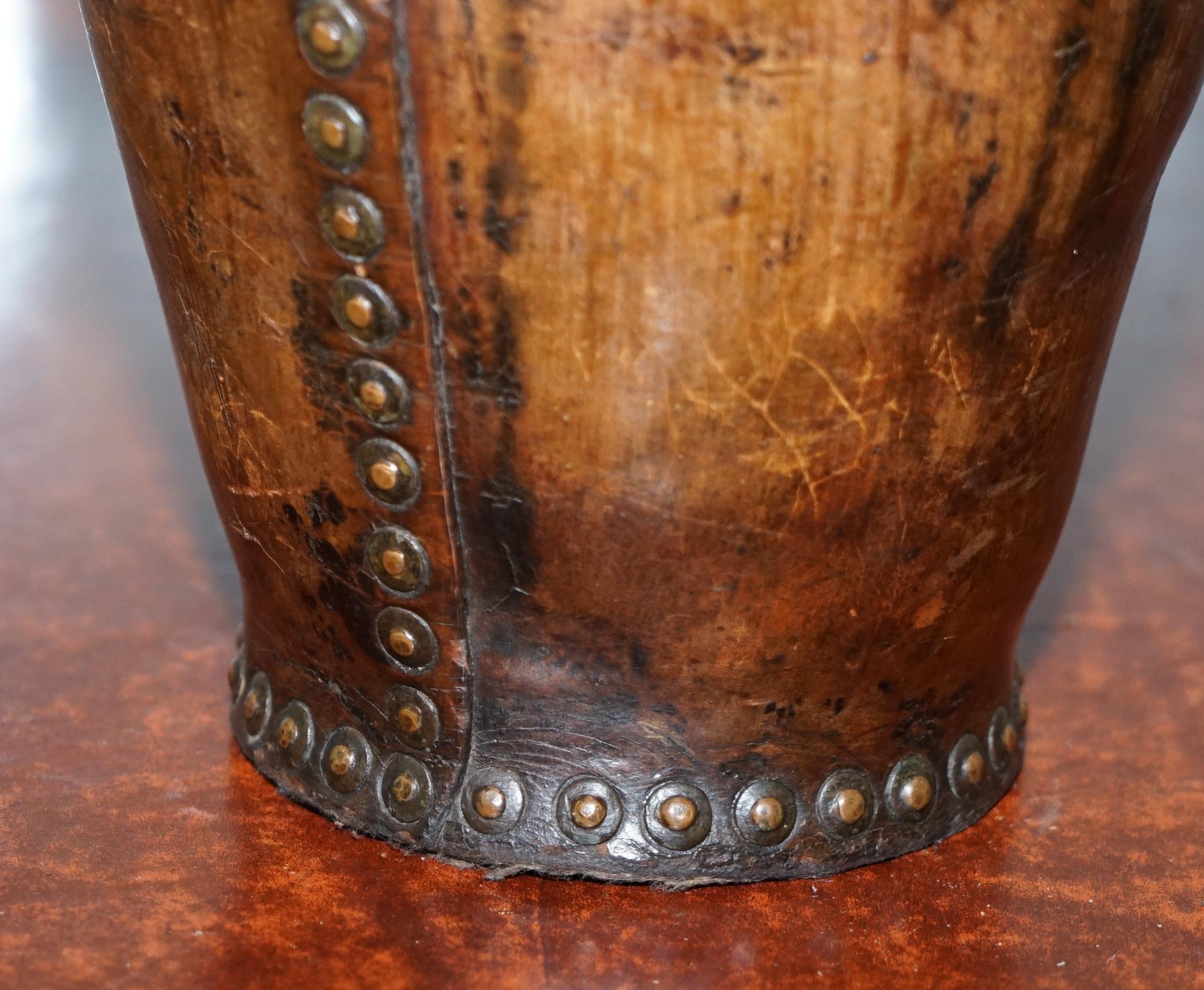 Very Rare circa 1740 Leather and Iron Bound Fire or Pete Bucket Original Handle 1