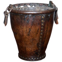 Very Rare circa 1740 Leather and Iron Bound Fire or Pete Bucket Original Handle