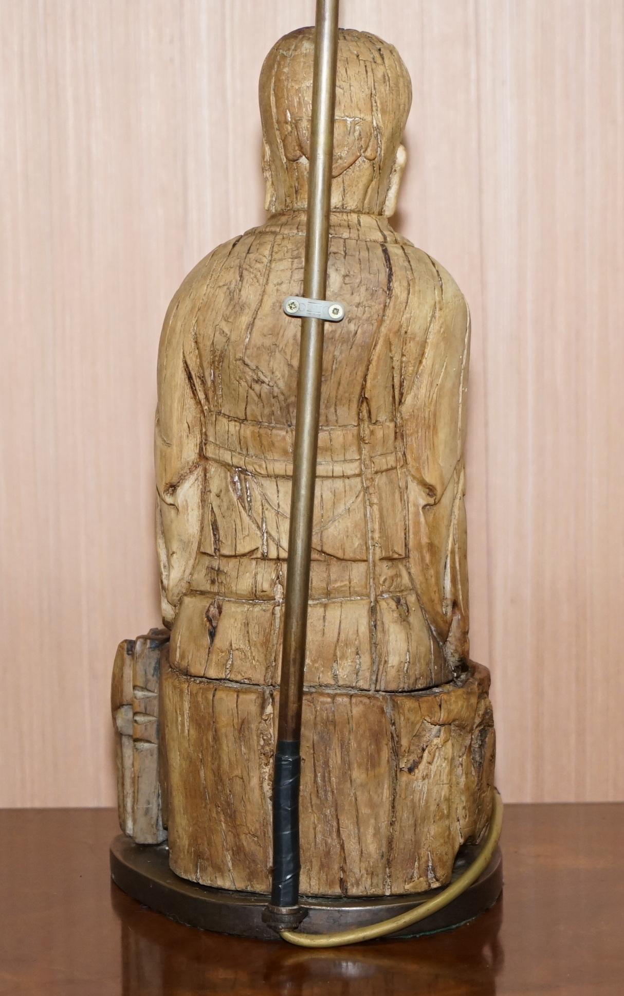 Very Rare circa 1780-1800 Chinese Rootwood Carved Statue of Buddha Table Lamp For Sale 3