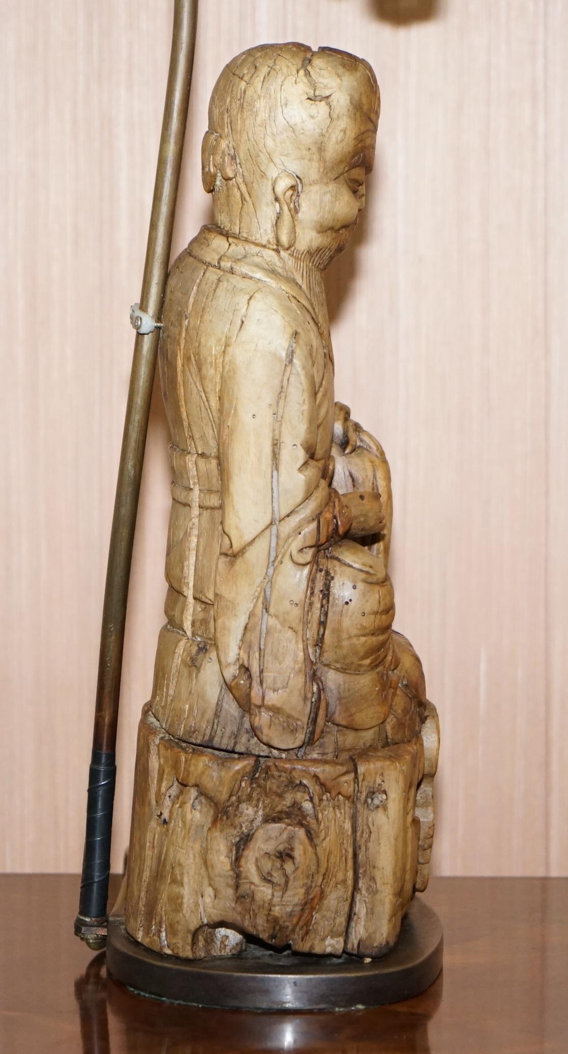 Very Rare circa 1780-1800 Chinese Rootwood Carved Statue of Buddha Table Lamp For Sale 4