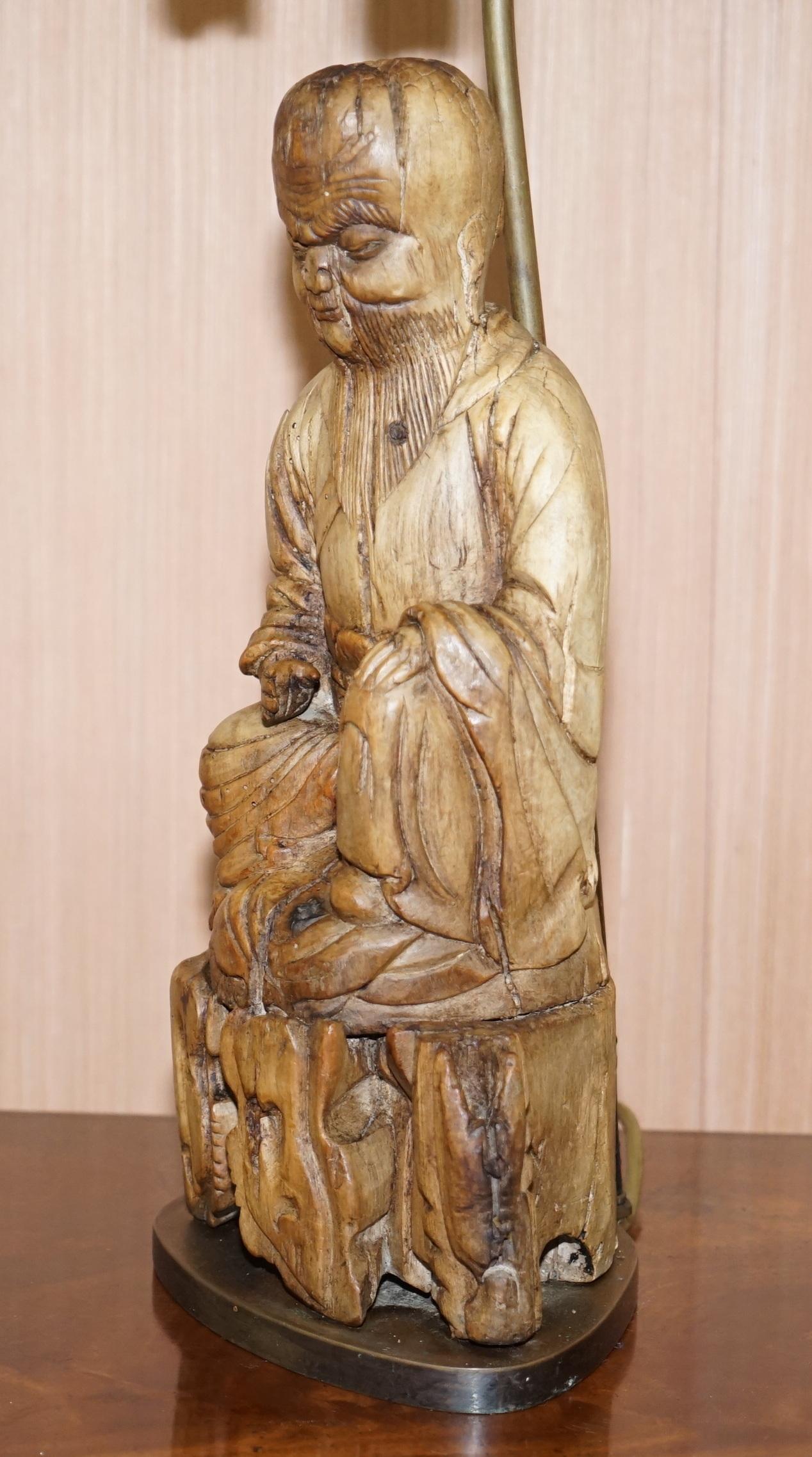 Georgian Very Rare circa 1780-1800 Chinese Rootwood Carved Statue of Buddha Table Lamp For Sale