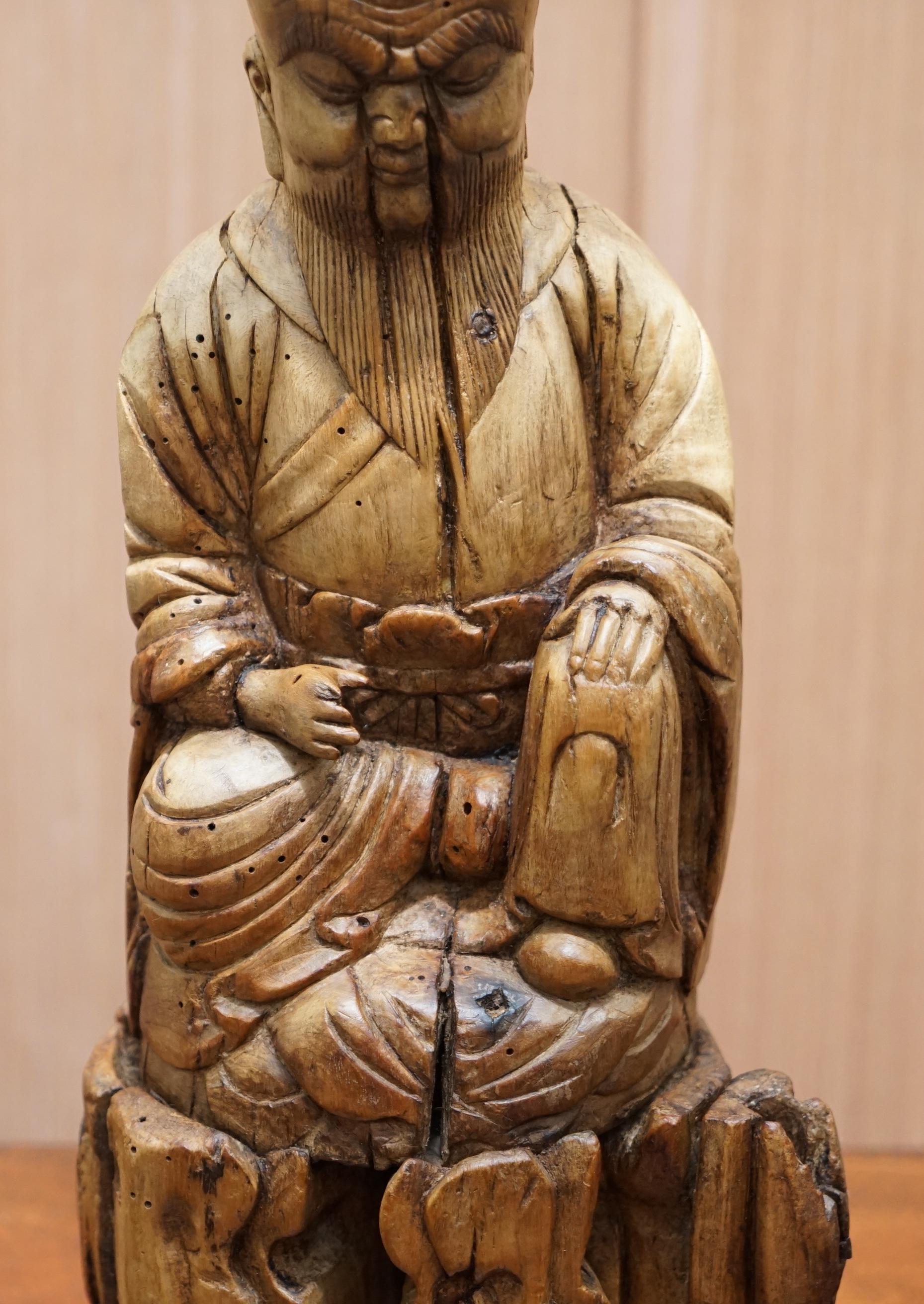 Late 18th Century Very Rare circa 1780-1800 Chinese Rootwood Carved Statue of Buddha Table Lamp For Sale