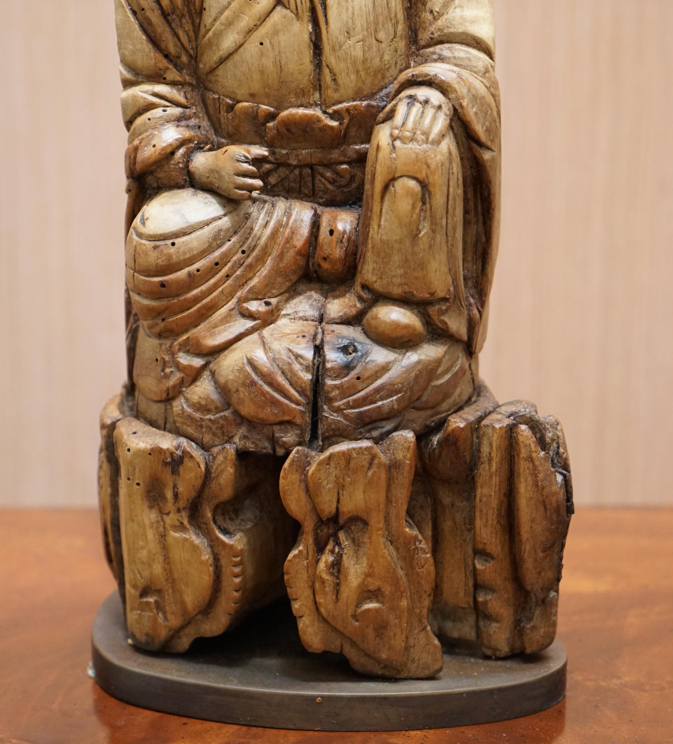 Wood Very Rare circa 1780-1800 Chinese Rootwood Carved Statue of Buddha Table Lamp For Sale