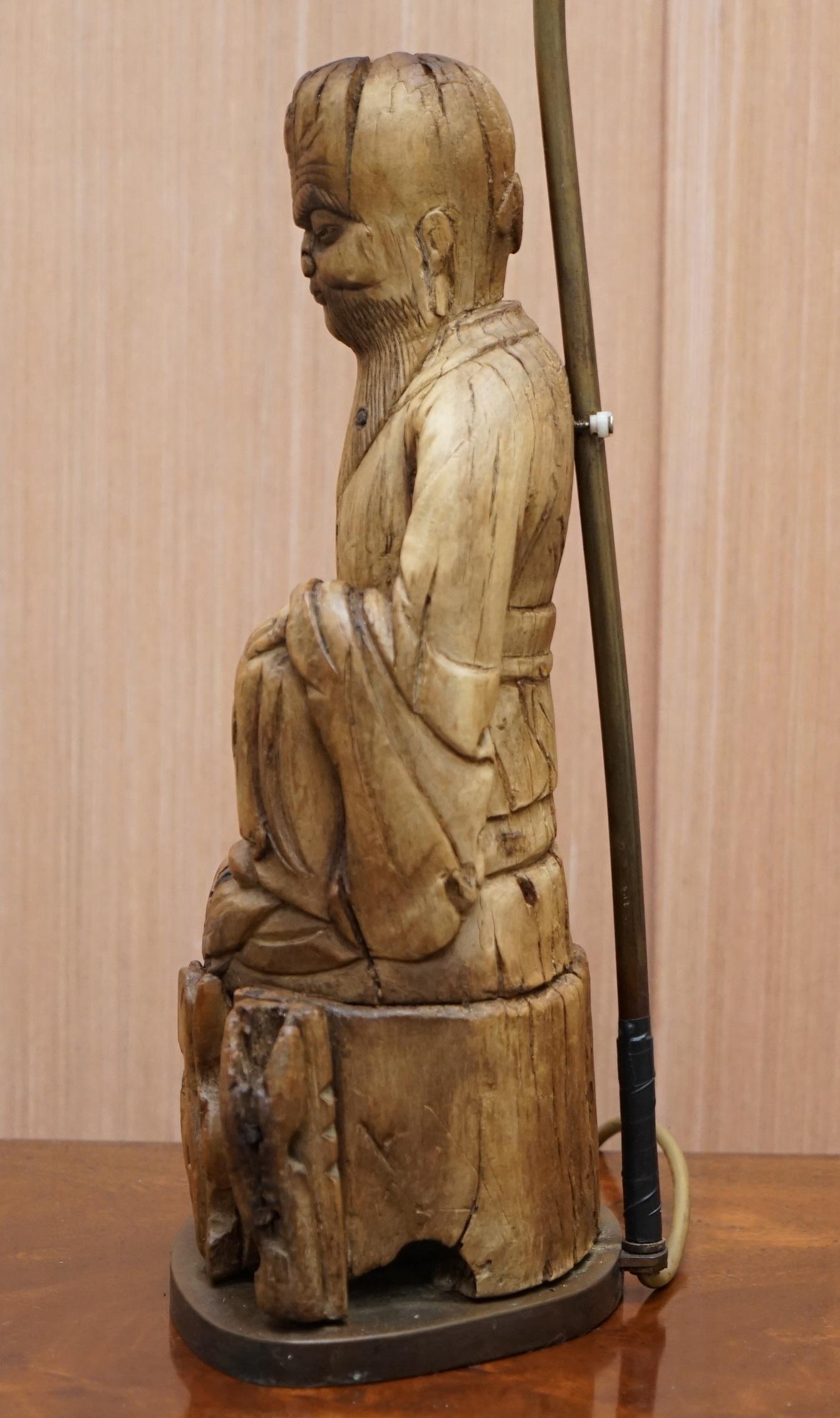 Very Rare circa 1780-1800 Chinese Rootwood Carved Statue of Buddha Table Lamp For Sale 2