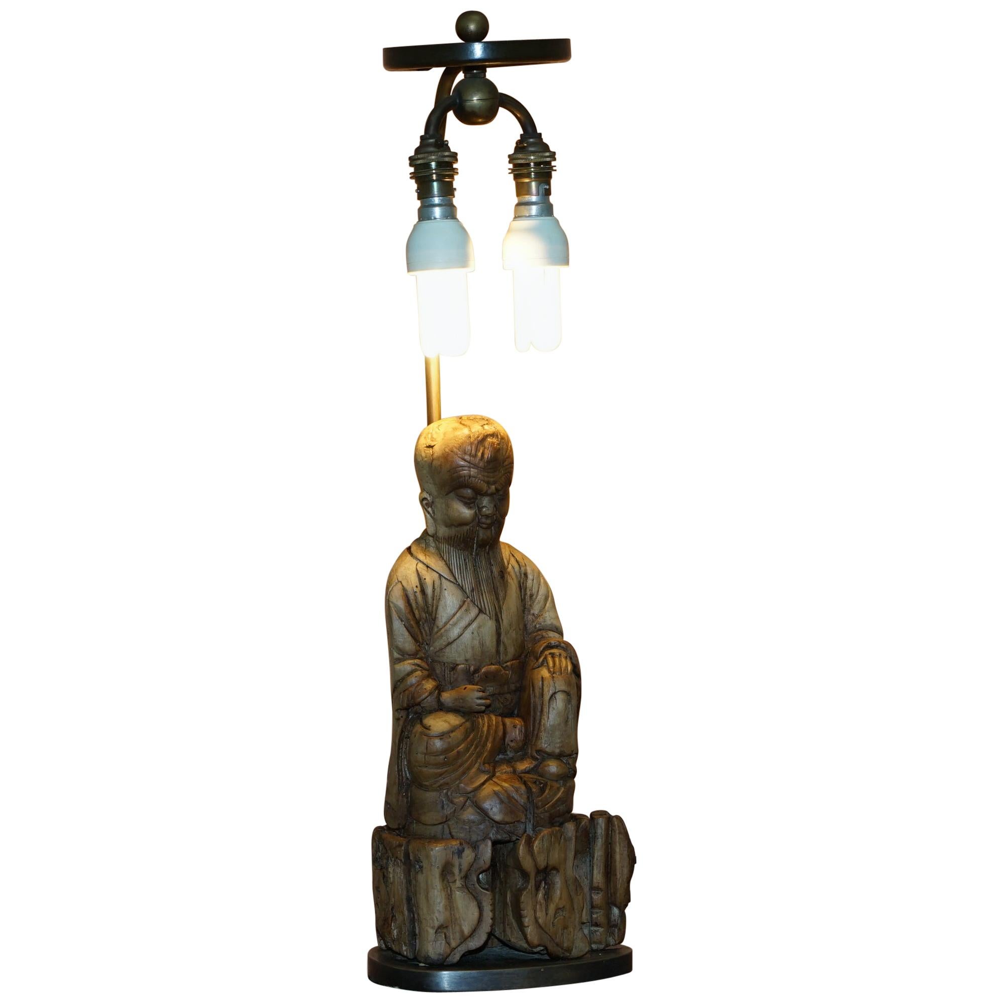 Very Rare circa 1780-1800 Chinese Rootwood Carved Statue of Buddha Table Lamp For Sale
