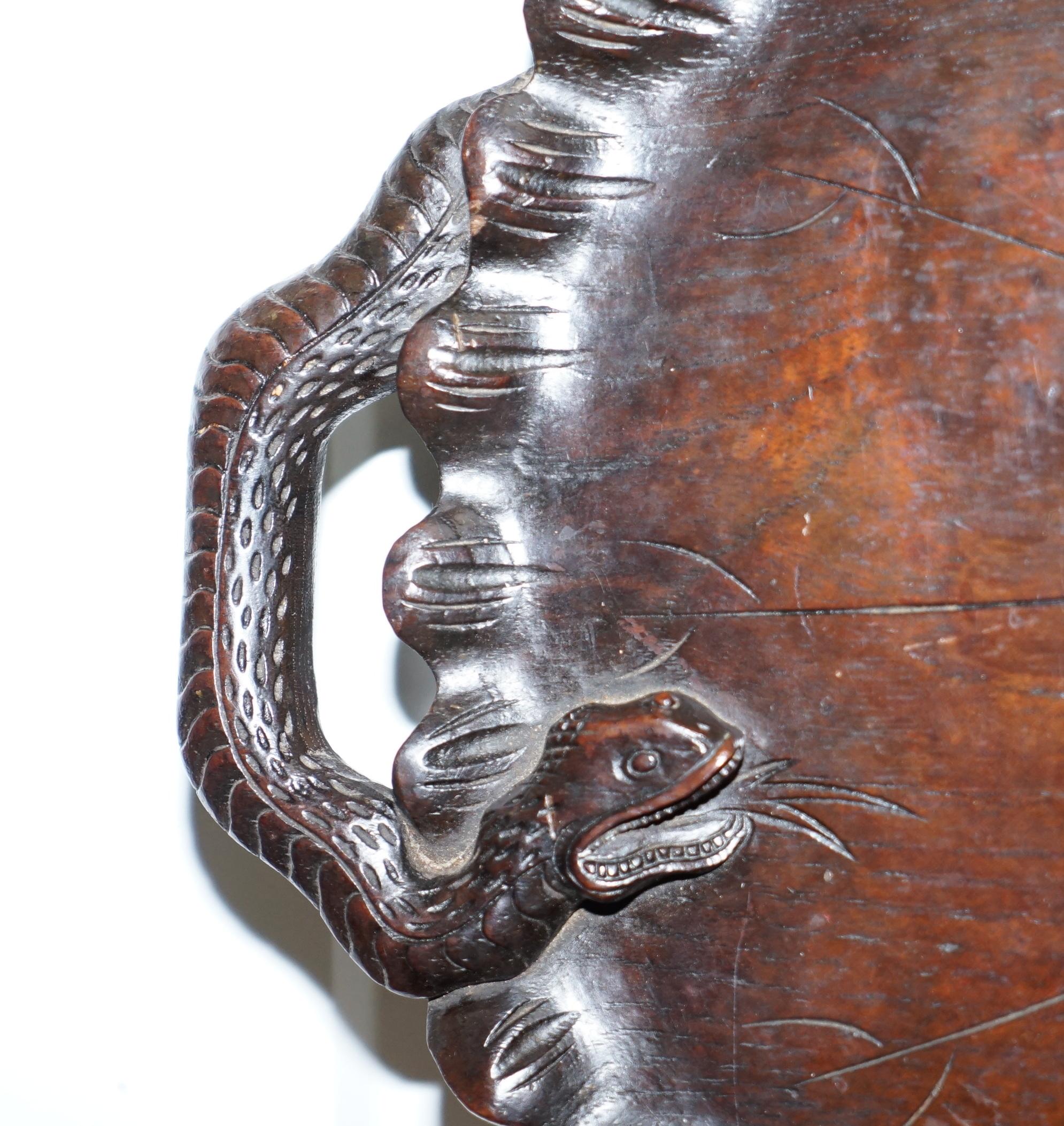 Chinese Chippendale Very Rare circa 1850 Chinese Hand-Carved Serving Tray with Snake Handles & Frog For Sale