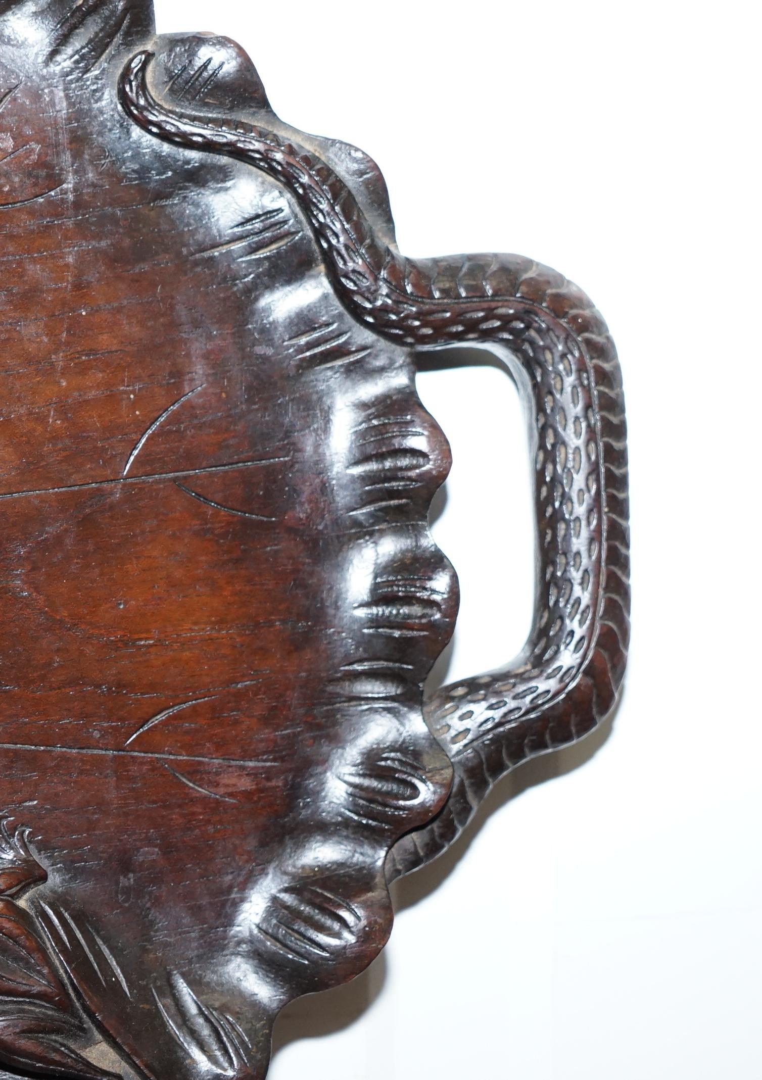 Very Rare circa 1850 Chinese Hand-Carved Serving Tray with Snake Handles & Frog For Sale 1