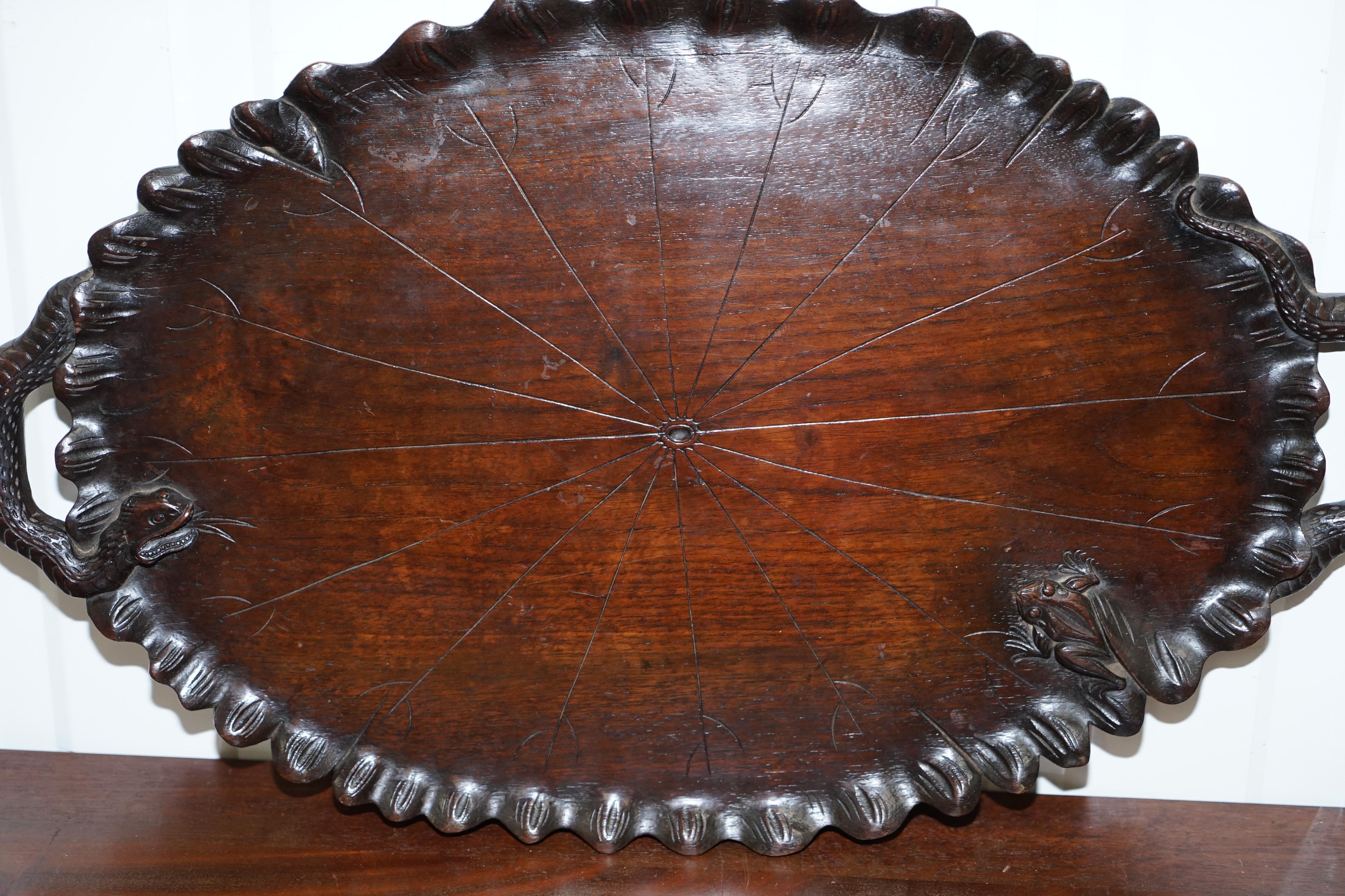 Very Rare circa 1850 Chinese Hand-Carved Serving Tray with Snake Handles & Frog 3