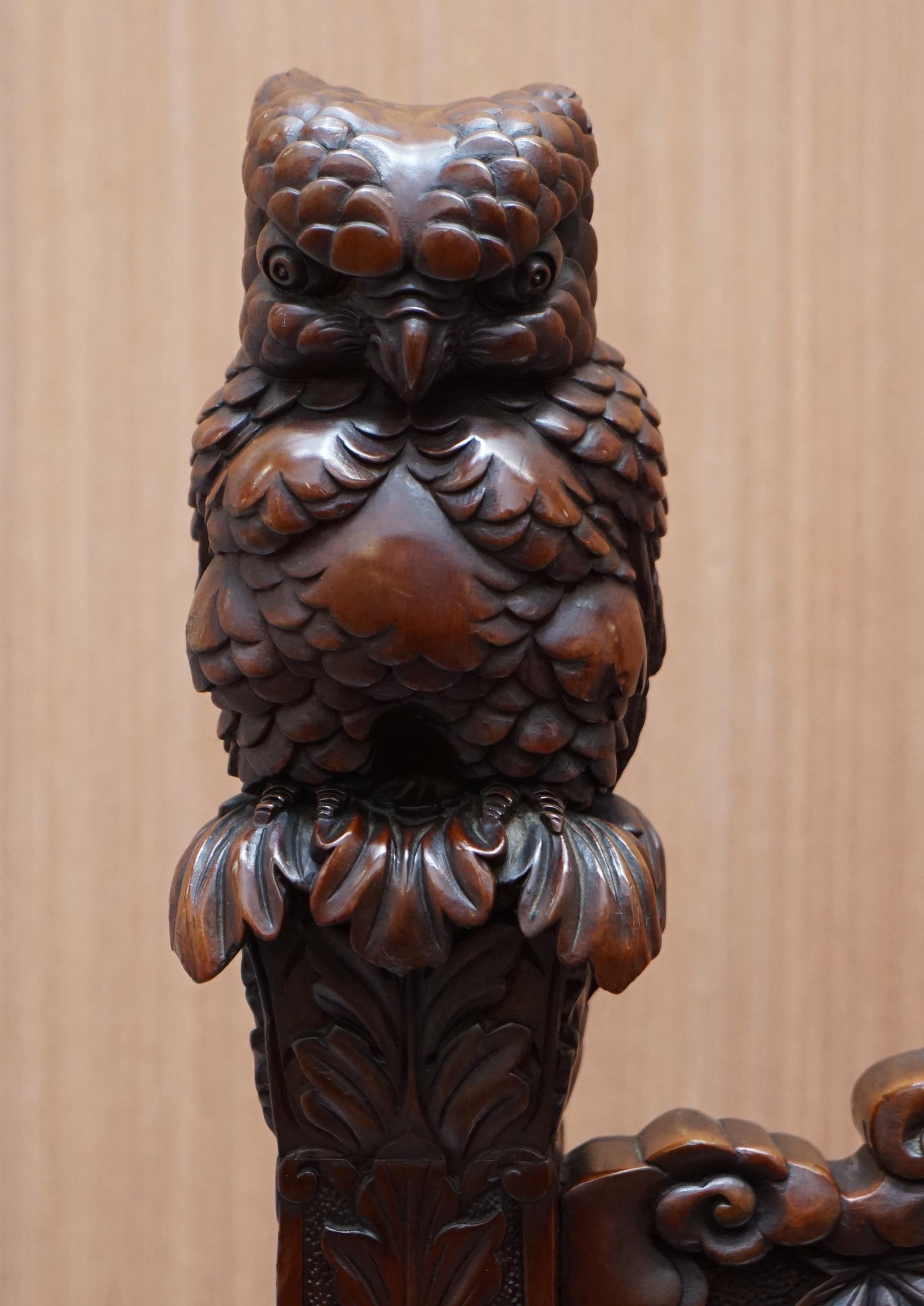 Late Victorian Very Rare circa 1900 Hand Carved Arthur & Bond Yokohama Owl X Frame Armchair