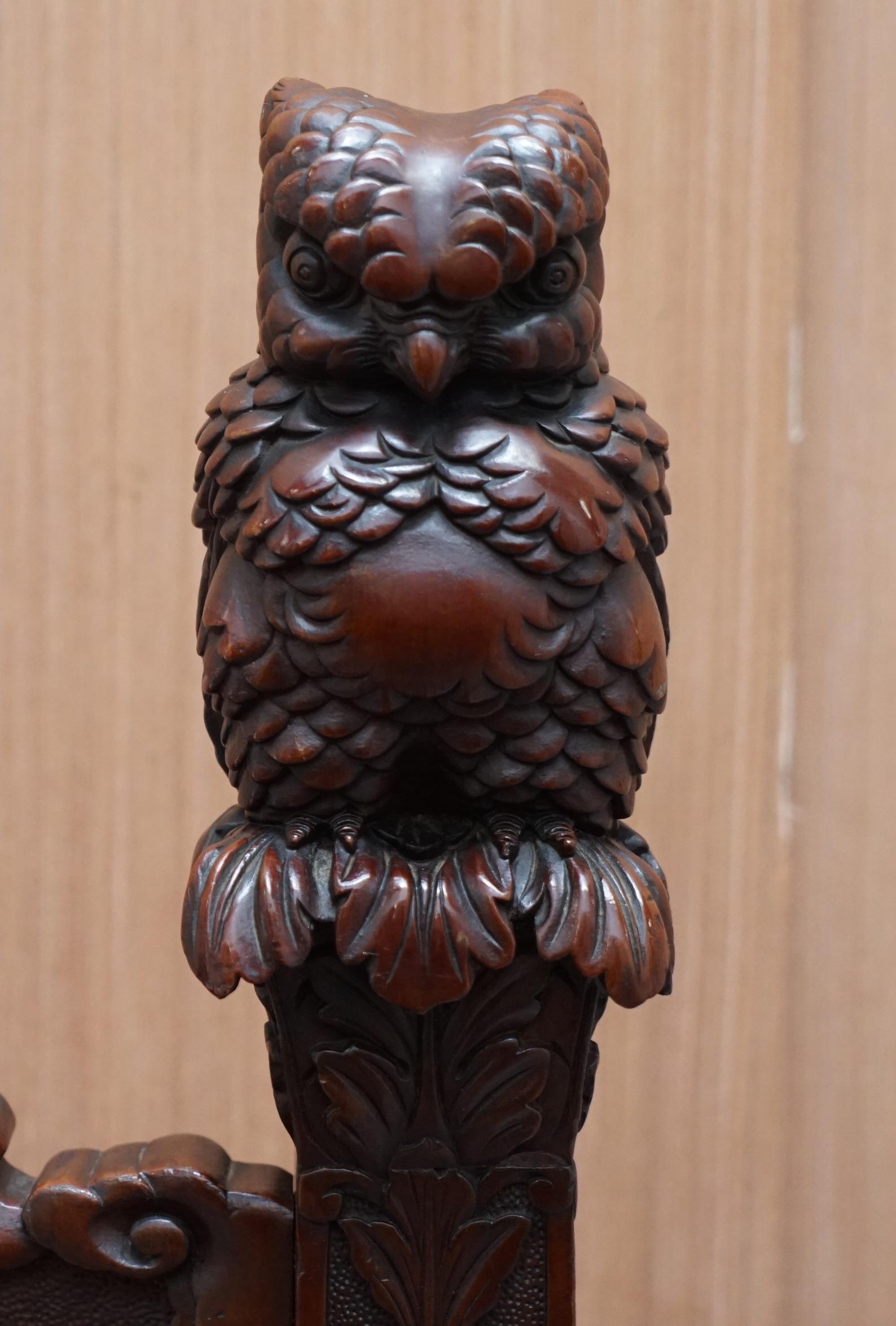 Hand-Crafted Very Rare circa 1900 Hand Carved Arthur & Bond Yokohama Owl X Frame Armchair