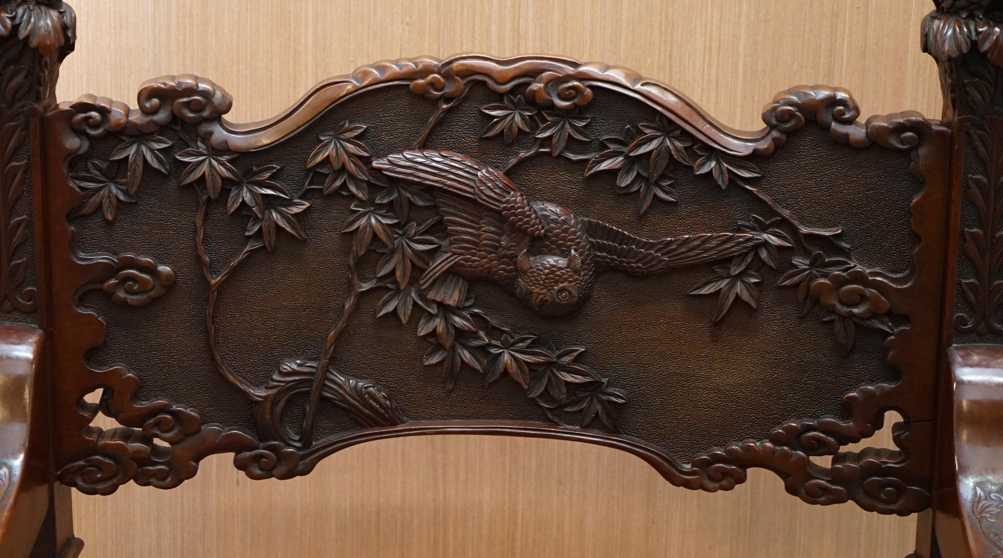 Early 20th Century Very Rare circa 1900 Hand Carved Arthur & Bond Yokohama Owl X Frame Armchair
