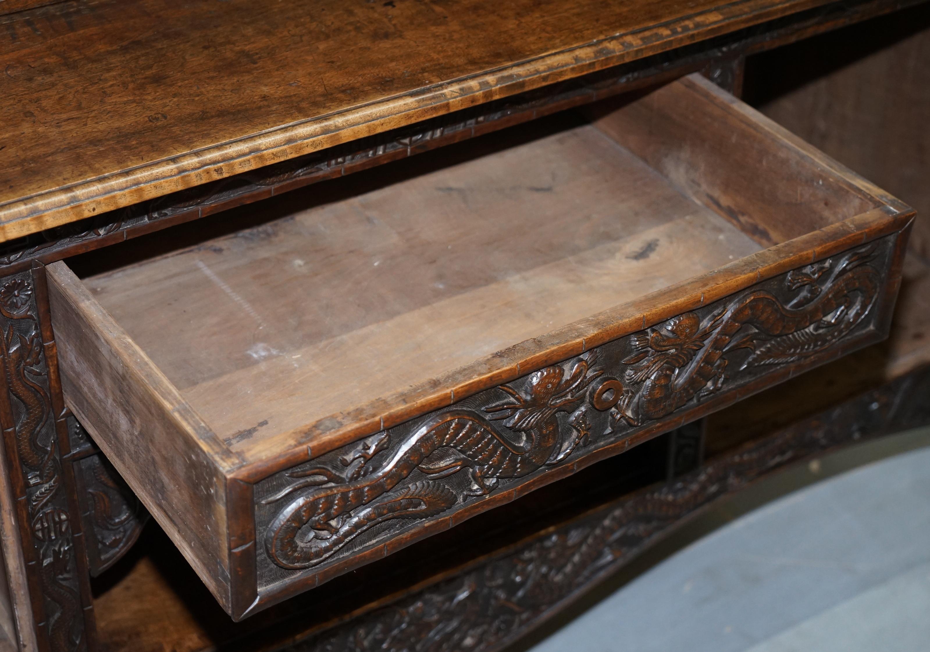 Very Rare circa 1900 Hand Carved Chinese Export Sideboard Dragons & Serpents 10