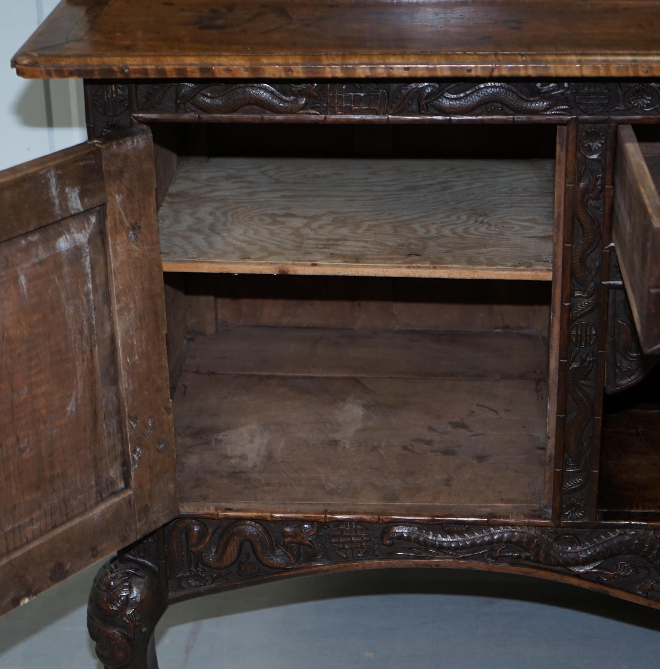 Very Rare circa 1900 Hand Carved Chinese Export Sideboard Dragons & Serpents 11