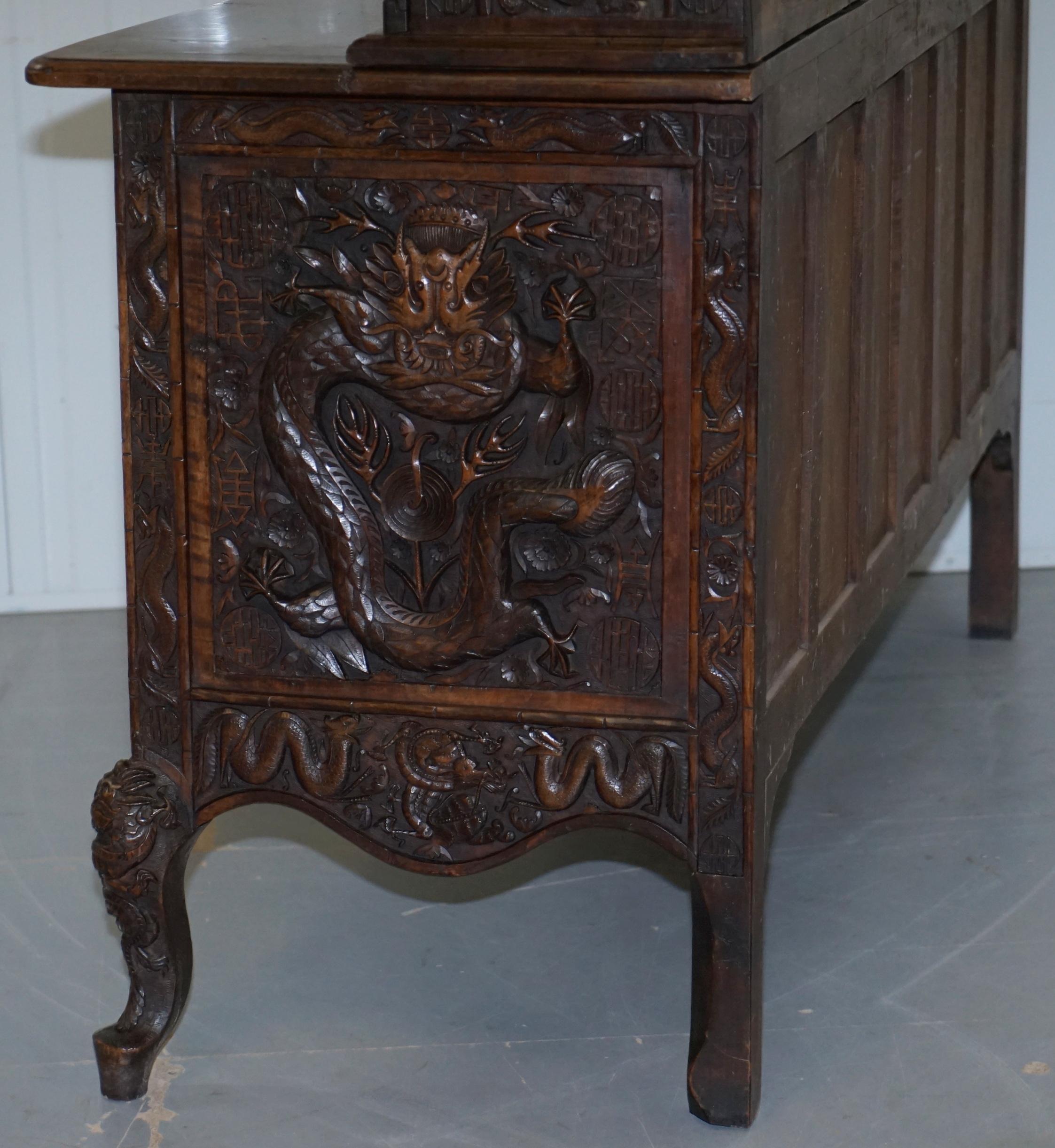 Very Rare circa 1900 Hand Carved Chinese Export Sideboard Dragons & Serpents 14