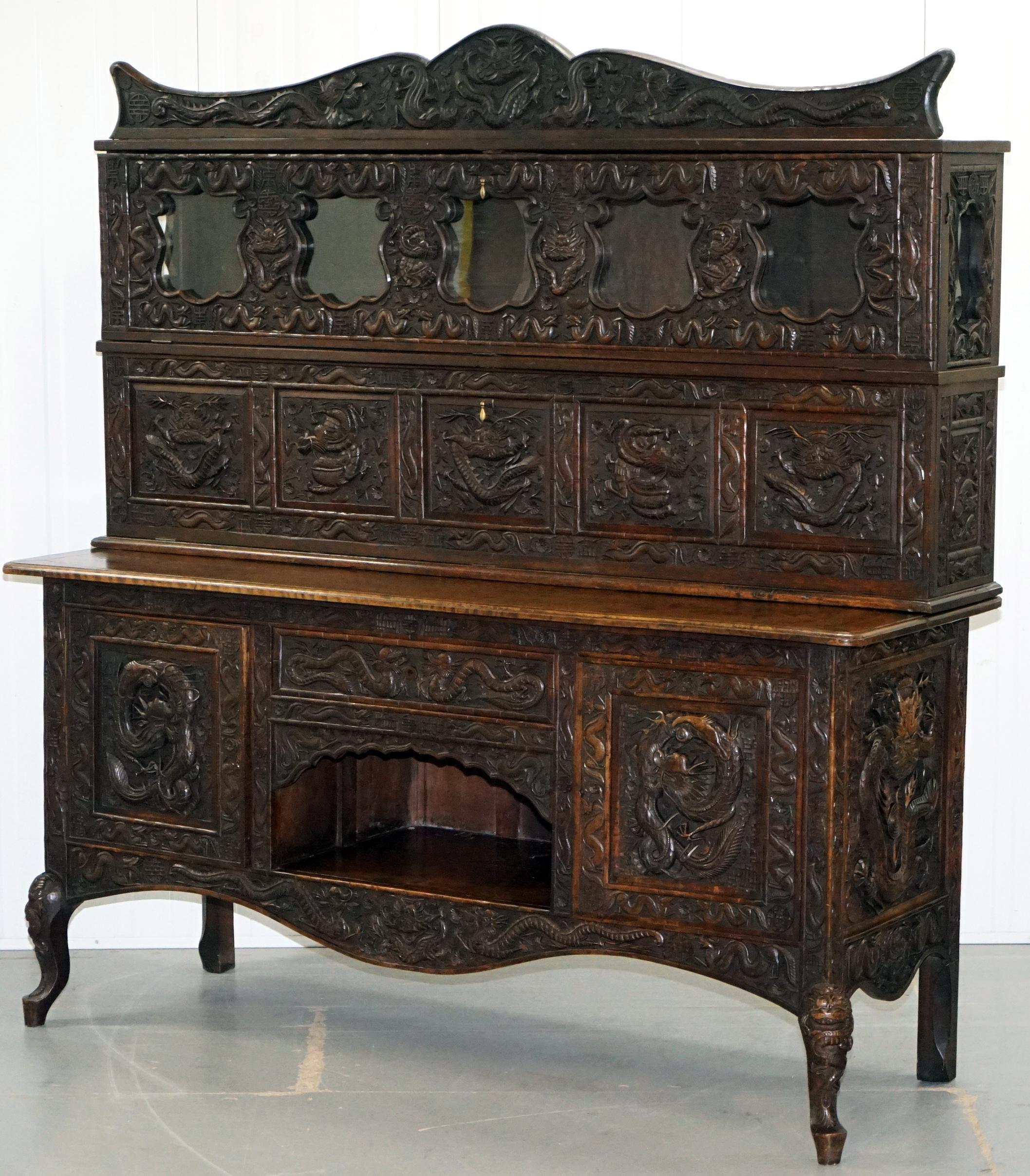 Hand-Carved Very Rare circa 1900 Hand Carved Chinese Export Sideboard Dragons & Serpents