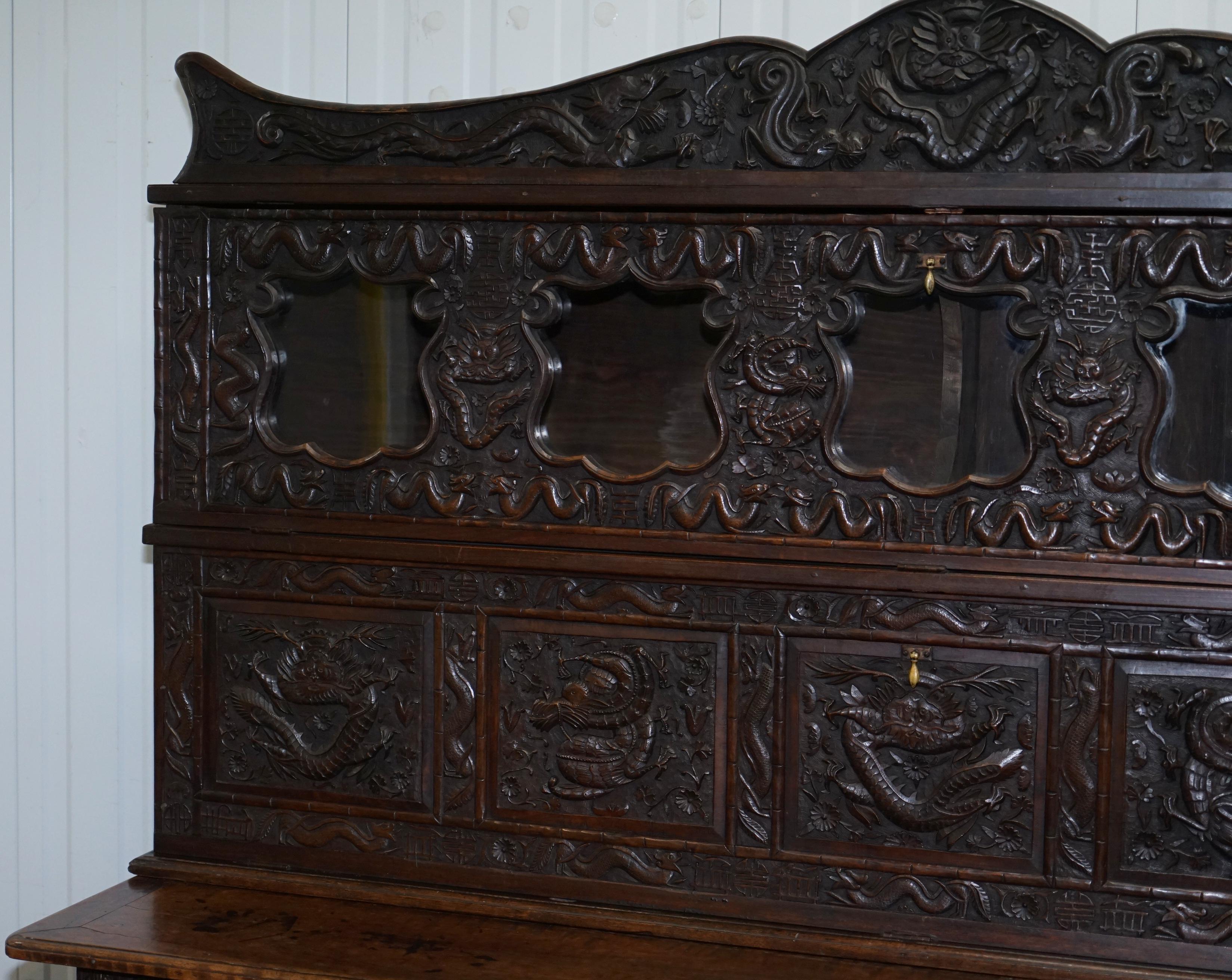 Hardwood Very Rare circa 1900 Hand Carved Chinese Export Sideboard Dragons & Serpents