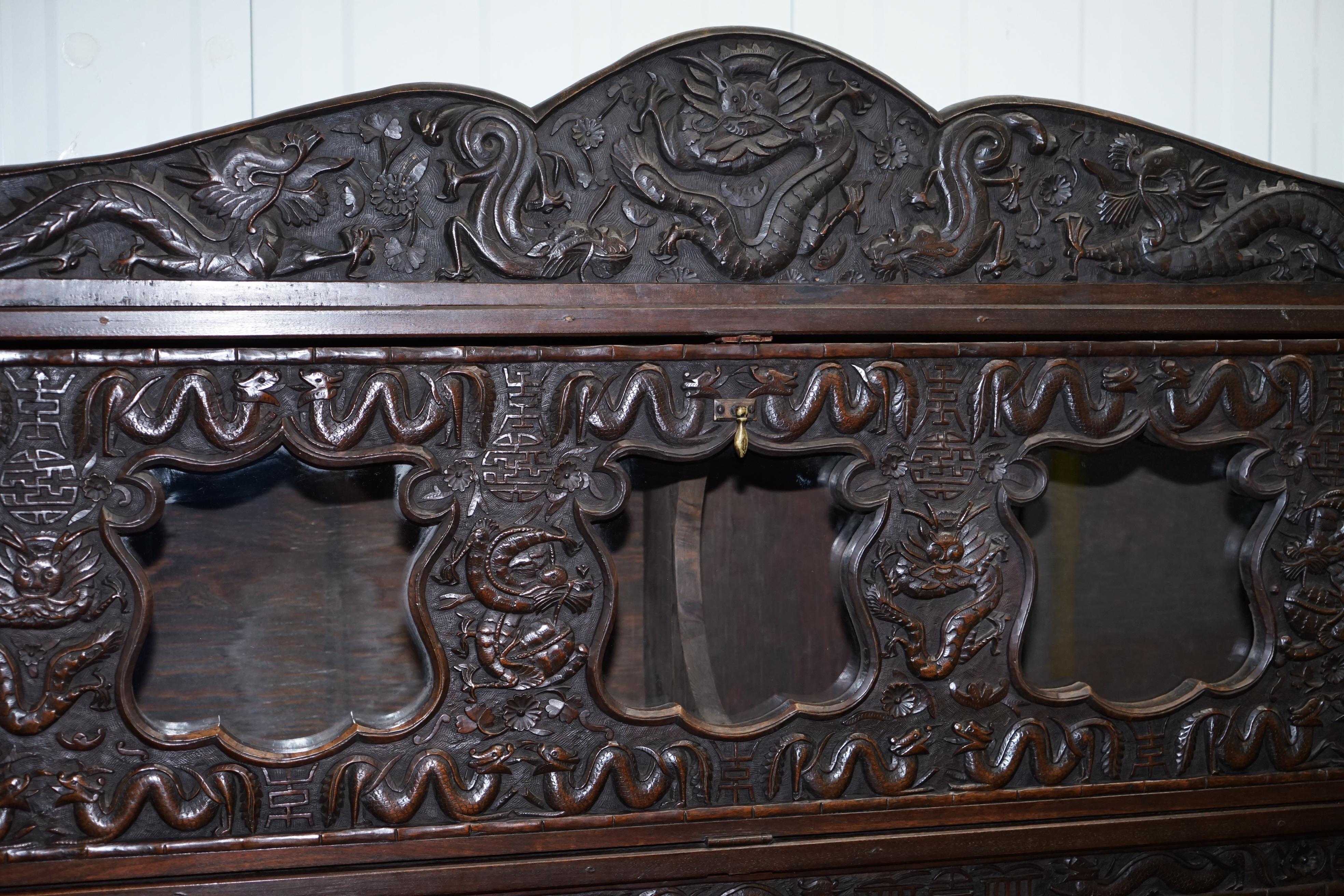 Very Rare circa 1900 Hand Carved Chinese Export Sideboard Dragons & Serpents 2