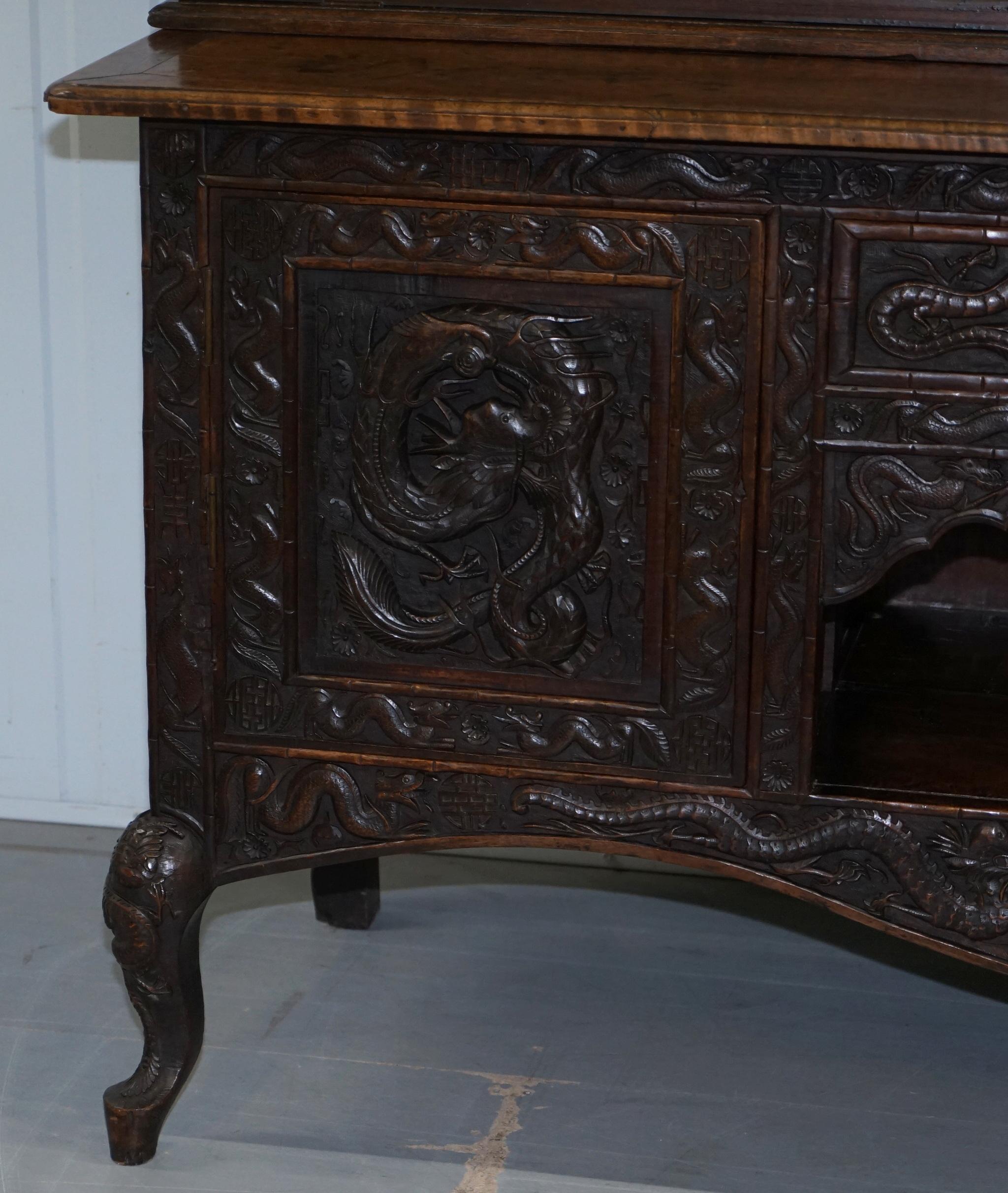 Very Rare circa 1900 Hand Carved Chinese Export Sideboard Dragons & Serpents 3