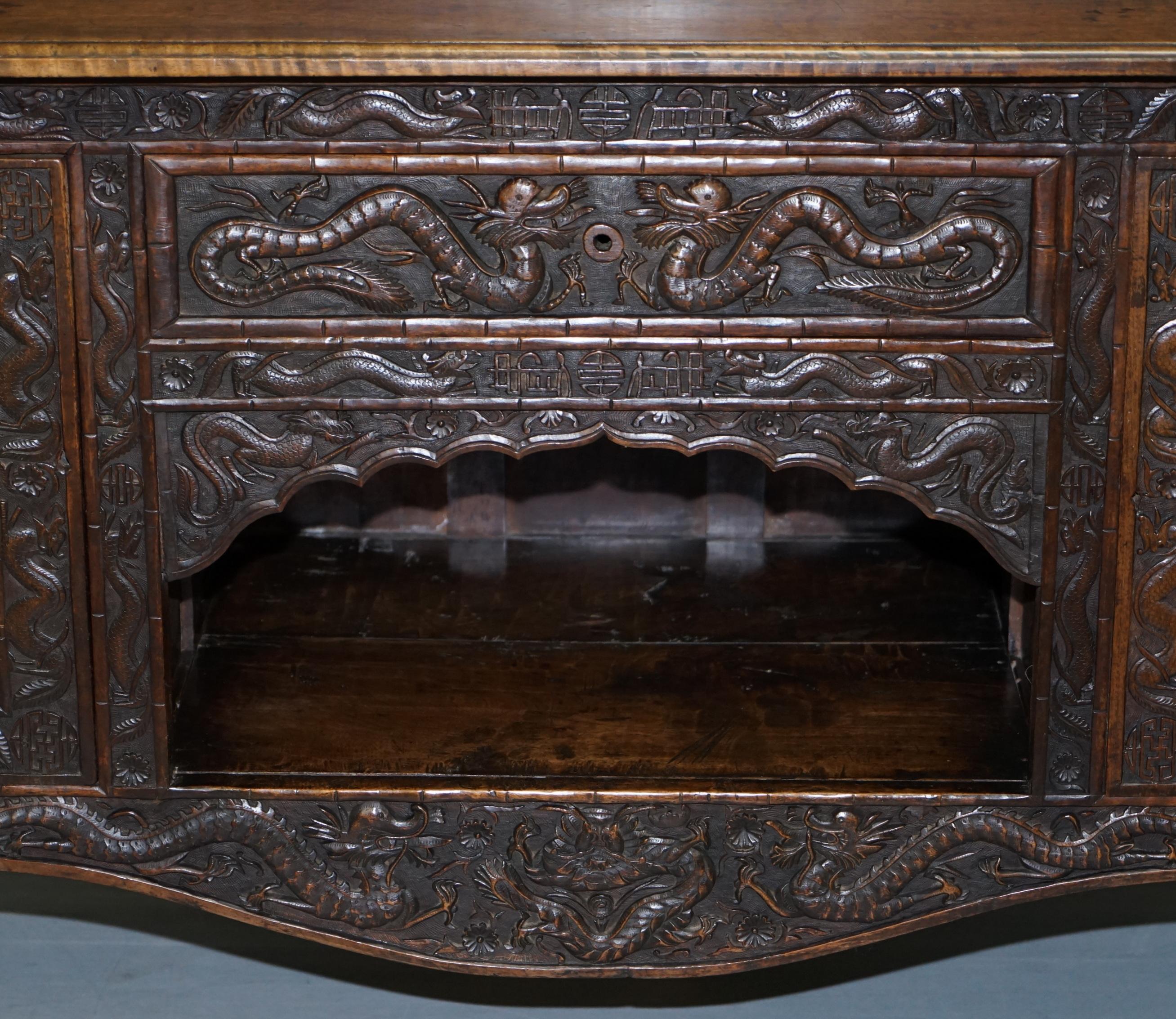 Very Rare circa 1900 Hand Carved Chinese Export Sideboard Dragons & Serpents 4