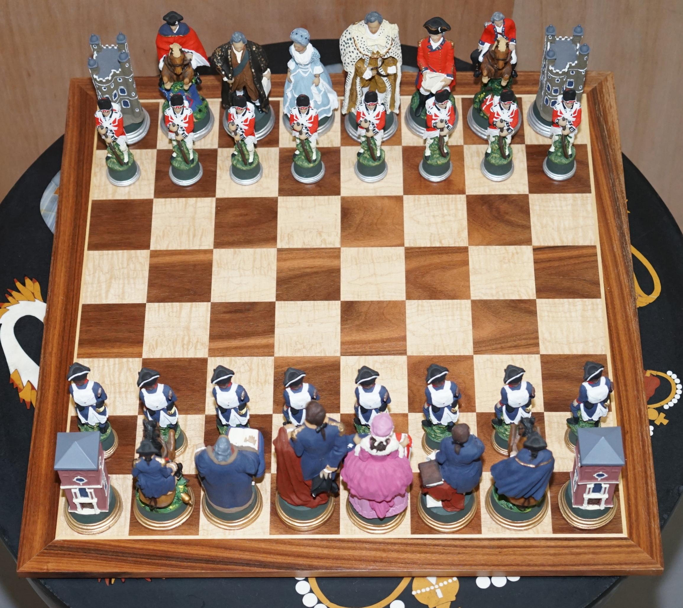 We are delighted to offer for sale this stunning new hand painted American War of Independence hand painted theme chess set

The board is Walnut and Maple veneer, its being included for free but it is the correct one for the set as it’s made by
