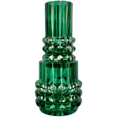 Very Rare Crystal Faceted Val Saint Lambert Green Stacked Vase in Two Parts