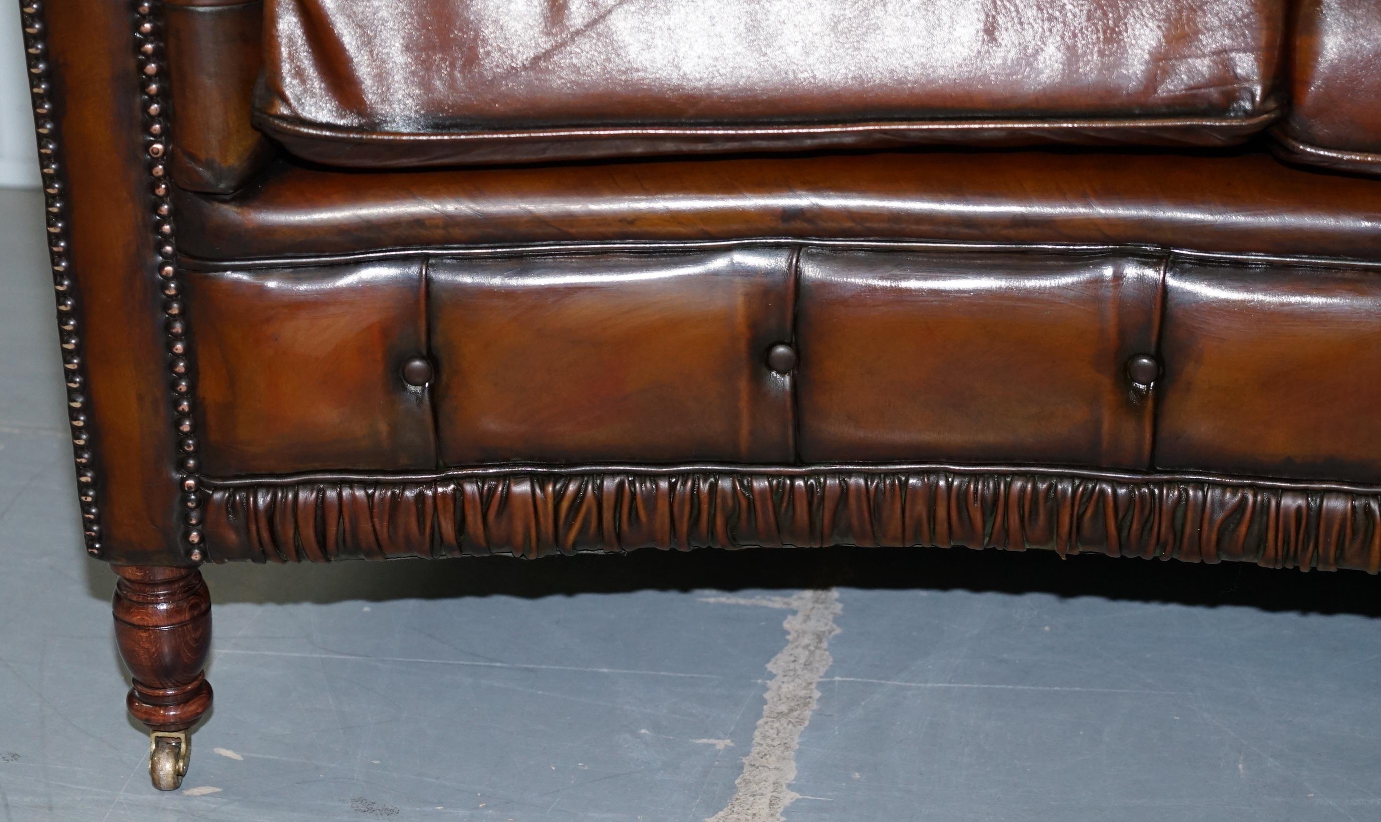Very Rare Curved Front Fully Restored Cigar Brown Leather Chesterfield Club Sofa 2