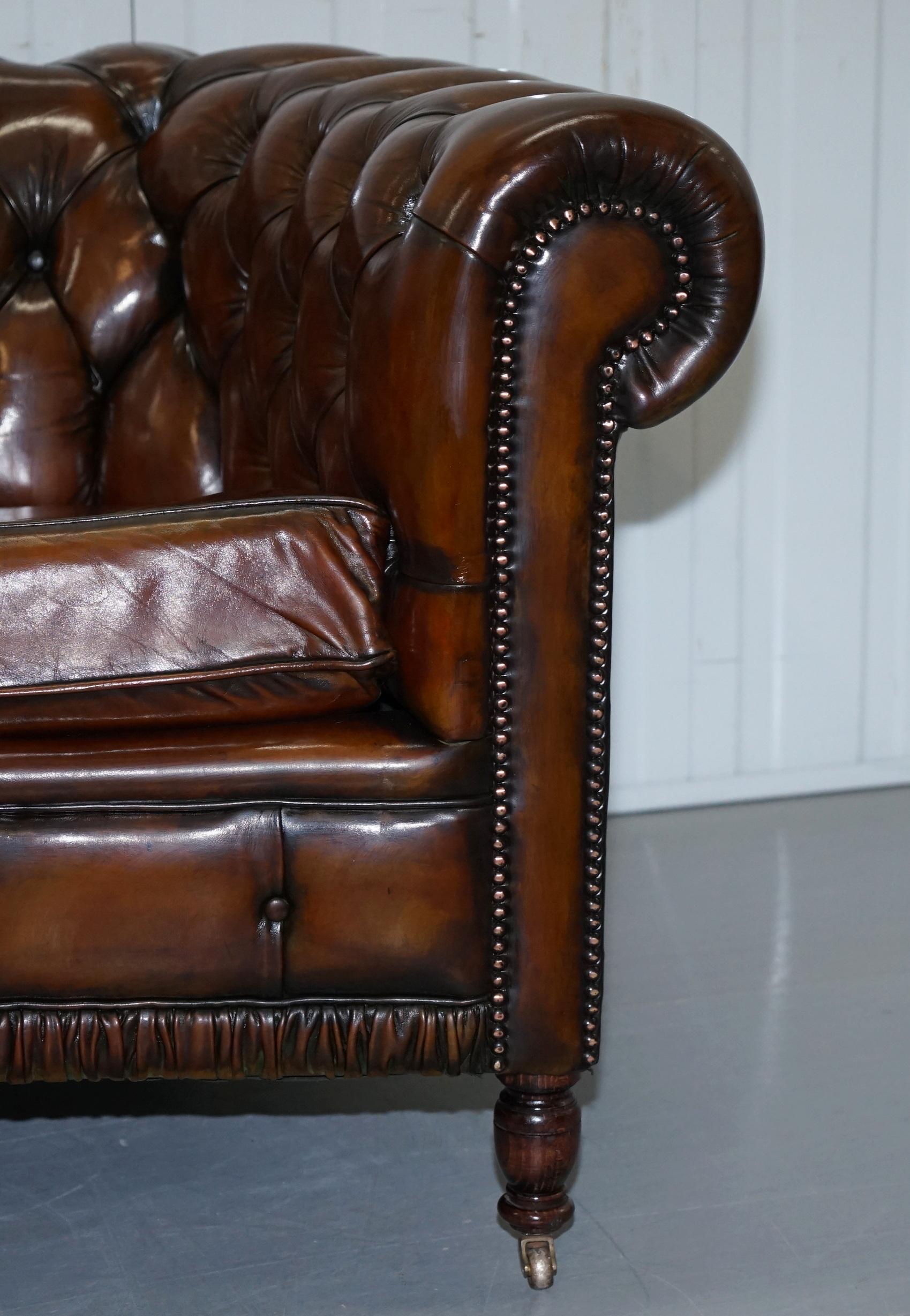 Very Rare Curved Front Fully Restored Cigar Brown Leather Chesterfield Club Sofa 3