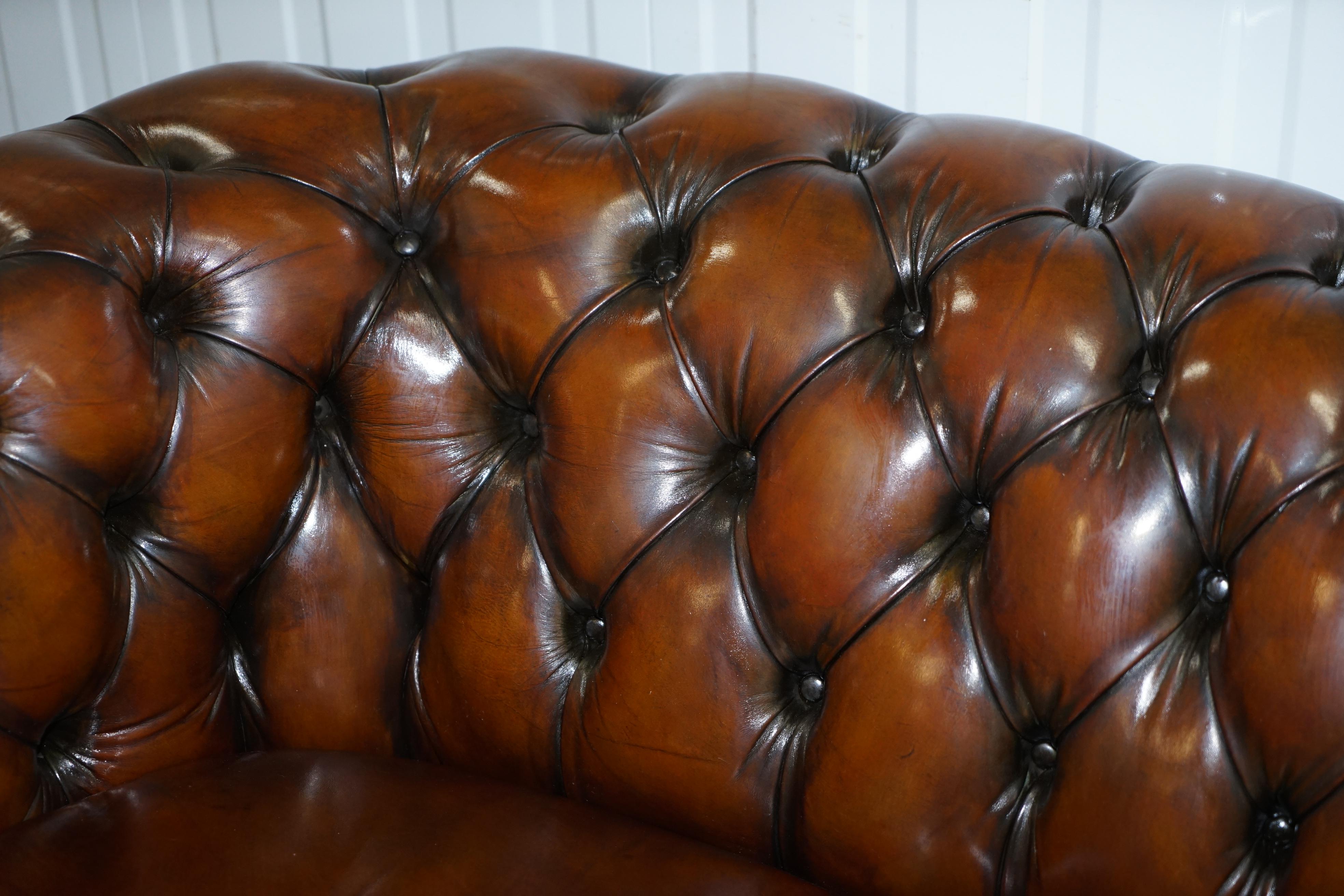 Very Rare Curved Front Fully Restored Cigar Brown Leather Chesterfield Club Sofa 5