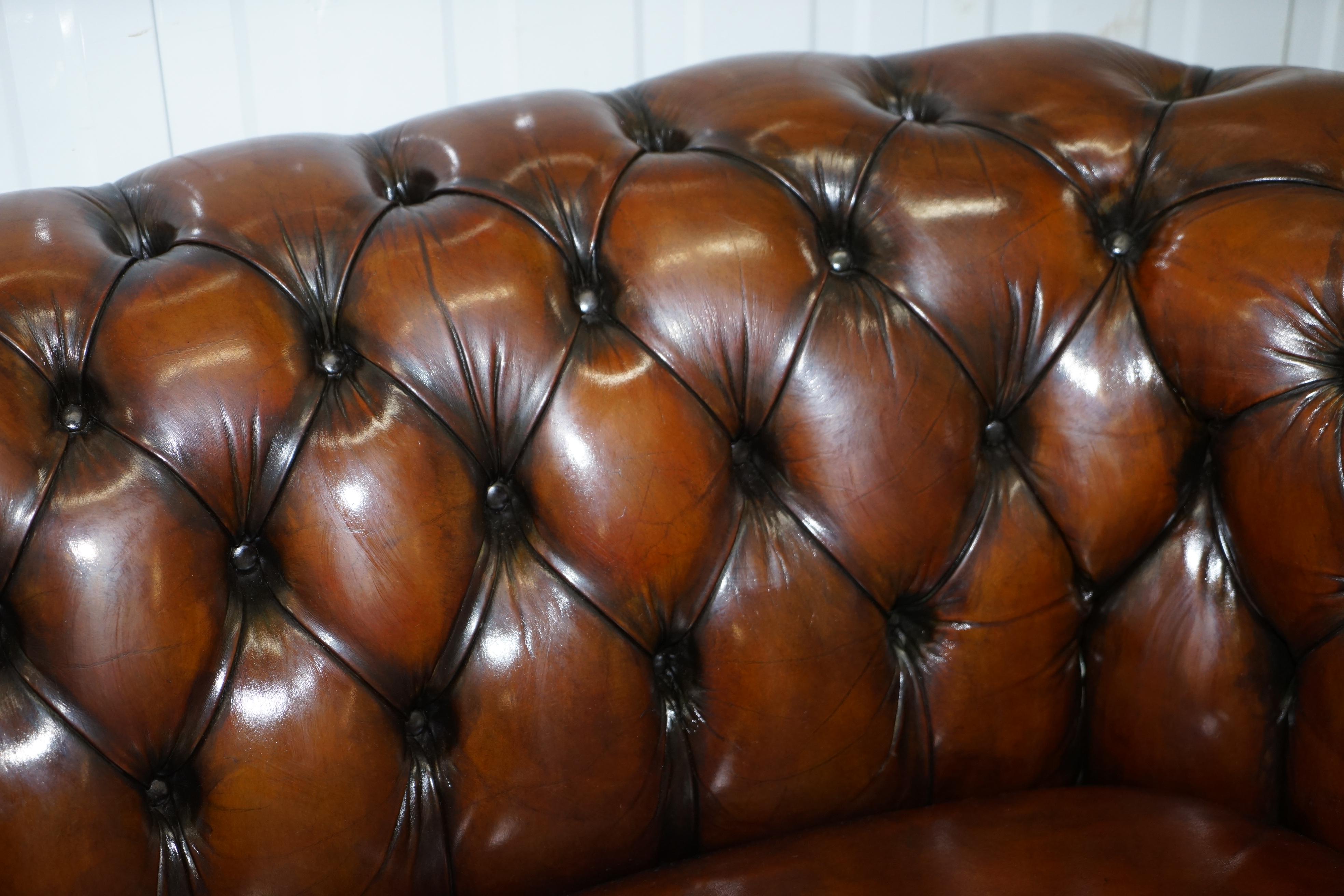 Very Rare Curved Front Fully Restored Cigar Brown Leather Chesterfield Club Sofa 5
