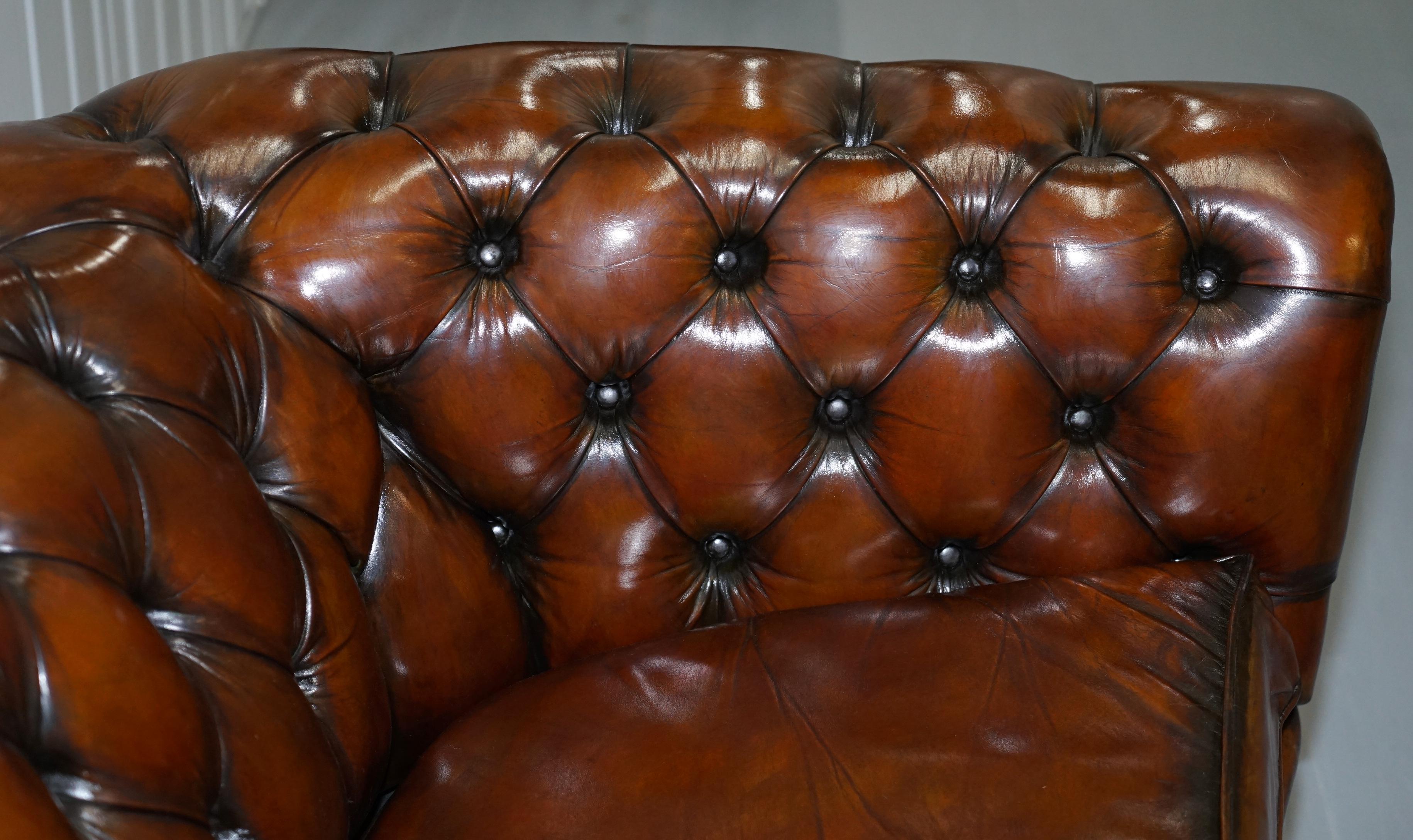 Very Rare Curved Front Fully Restored Cigar Brown Leather Chesterfield Club Sofa 7