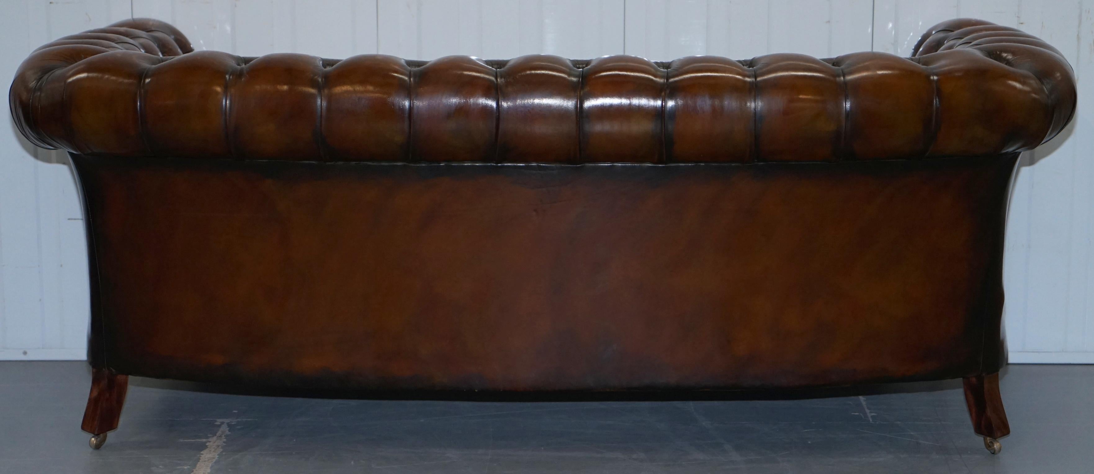 Very Rare Curved Front Fully Restored Cigar Brown Leather Chesterfield Club Sofa 11