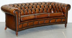 Very Rare Curved Front Fully Restored Cigar Brown Leather Chesterfield Club Sofa