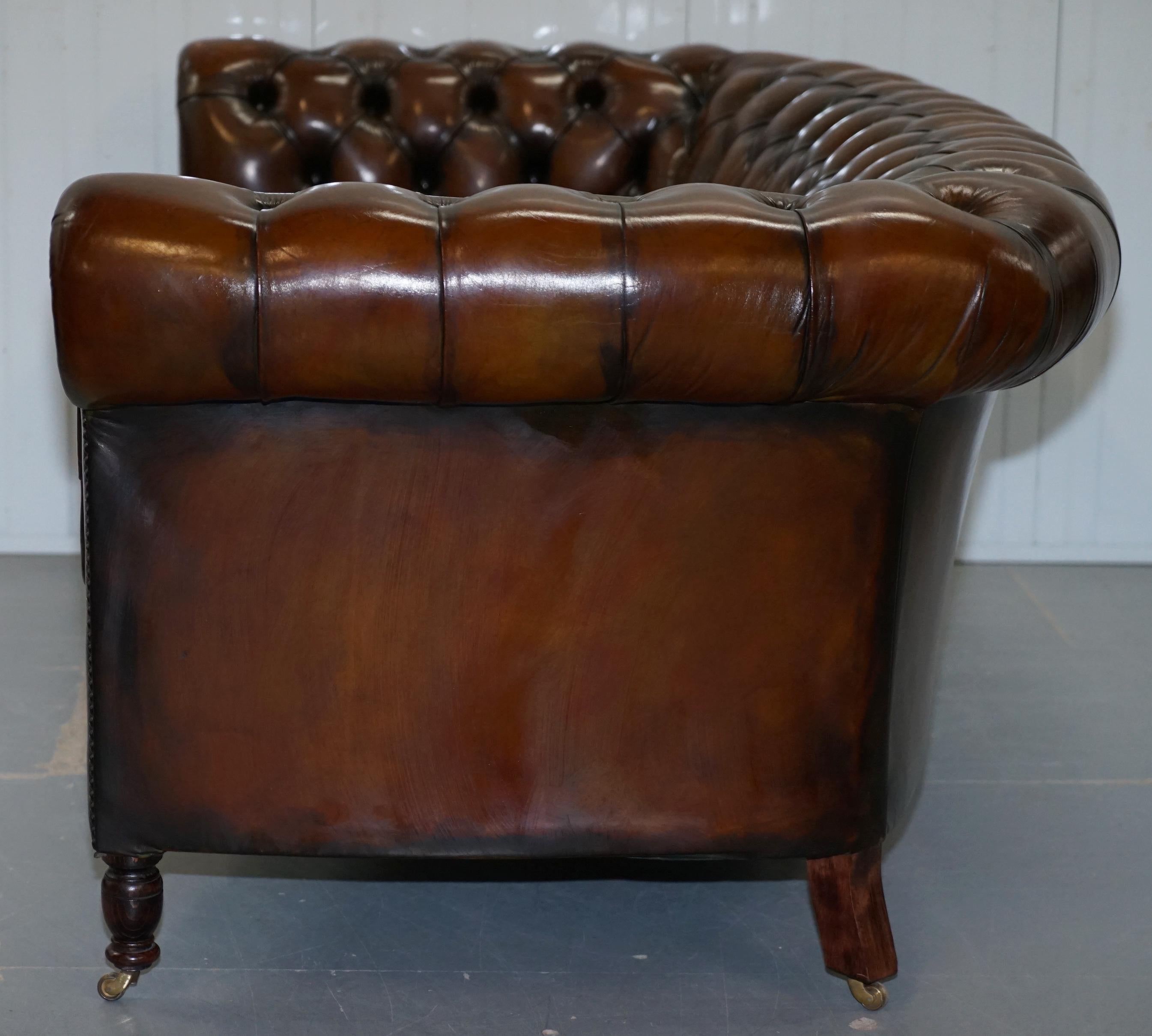 Very Rare Curved Front Fully Restored Cigar Brown Leather Chesterfield Club Sofa 12
